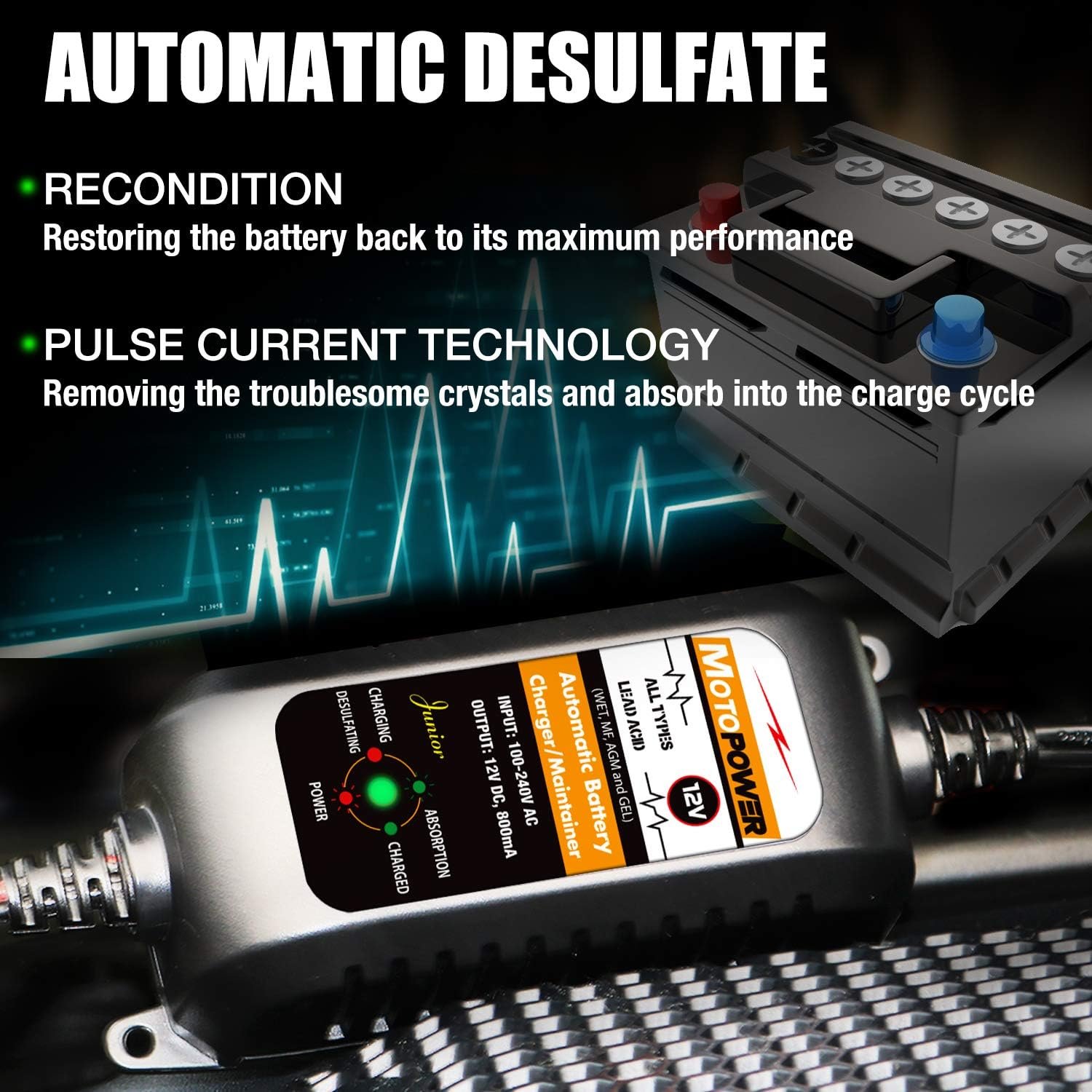 MOTOPOWER MP00205A 12V 800mA Automatic Battery Charger, Maintainer, Trickle and Desulfator - Image 3