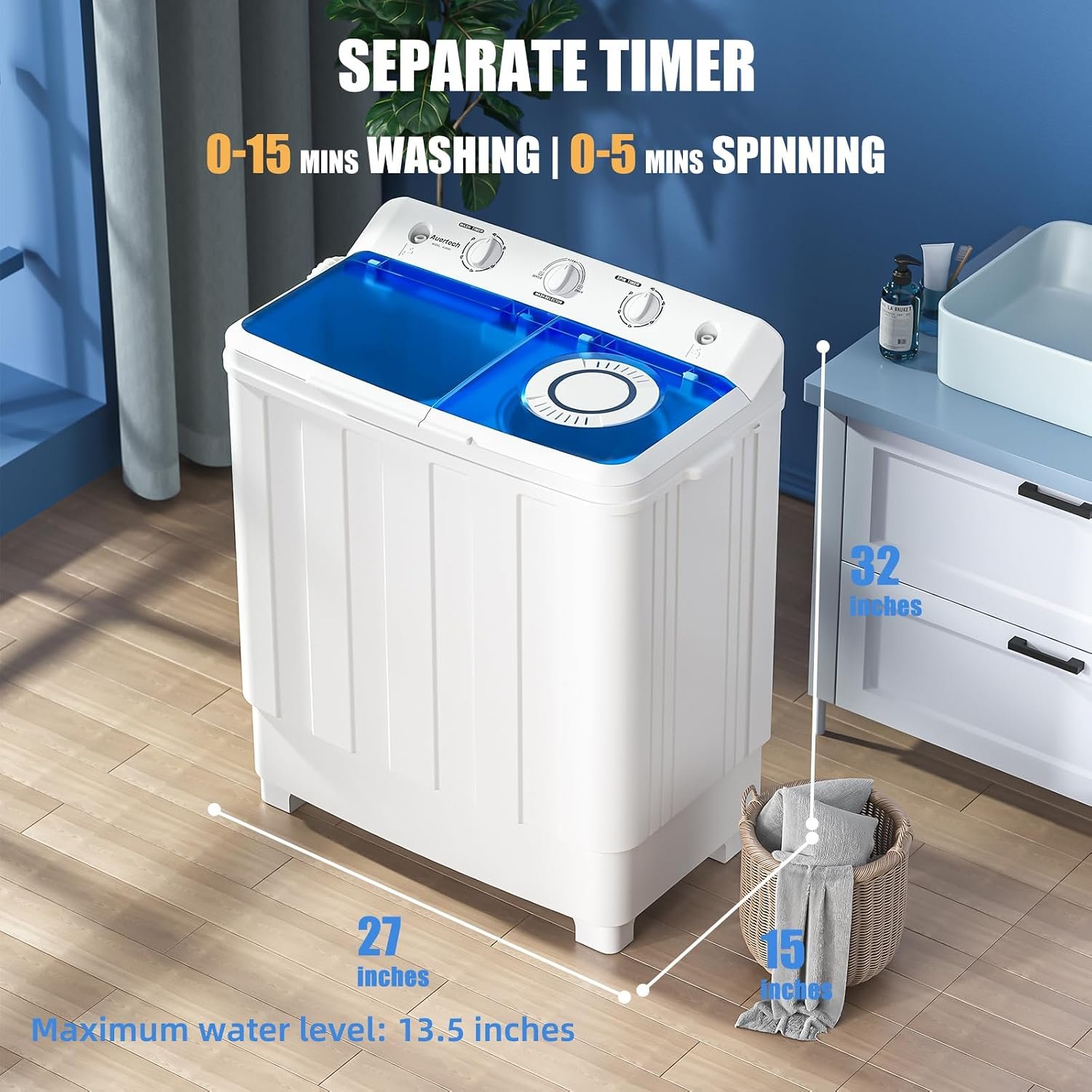Auertech Portable Washing Machine, 28lbs Twin Tub Washer Mini Compact Laundry Machine with Drain Pump, Semi-automatic 18lbs Washer 10lbs Spinner Combo for Dorms, Apartments, RVs - Image 2