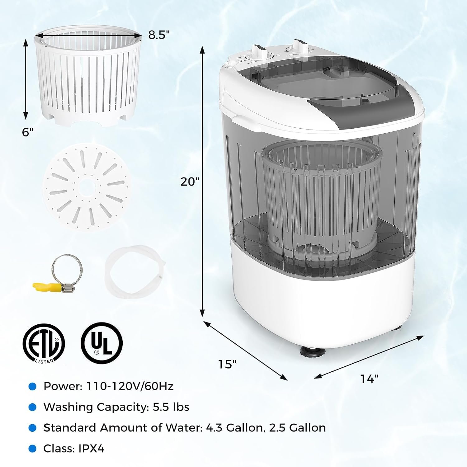 COSTWAY Mini Portable Washing Machine, 5.5 lbs Capacity, Compact Laundry Washer with Spin Tub & Drain Hose, Perfect for Apartment Dorms RV Home (Grey) - Image 3
