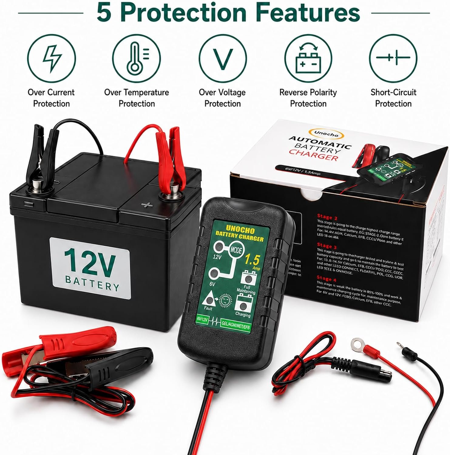 Unocho 6V/12V Battery Charger Maintainer 1.5A Automatic Trickle Charger Smart Float Charger for Car Motorcycle Lawn Mower Boat ATV Snowmobile Lead-Acid AGM GEL SLA VRLA WET Batteries - Image 5