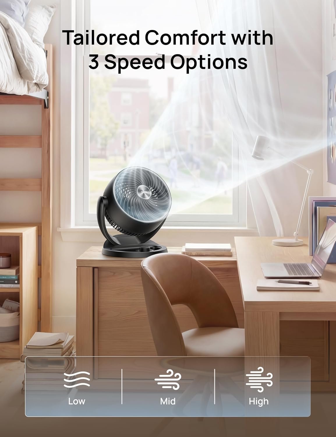DREO Fan for Bedroom, 12 Inches, 70ft Powerful Airflow, 25db Quiet Table Air Circulator Fans for Whole Room, 120° Adjustable Tilt, 3 Speeds, Desktop Fan for Home, Office, Kitchen - Image 5