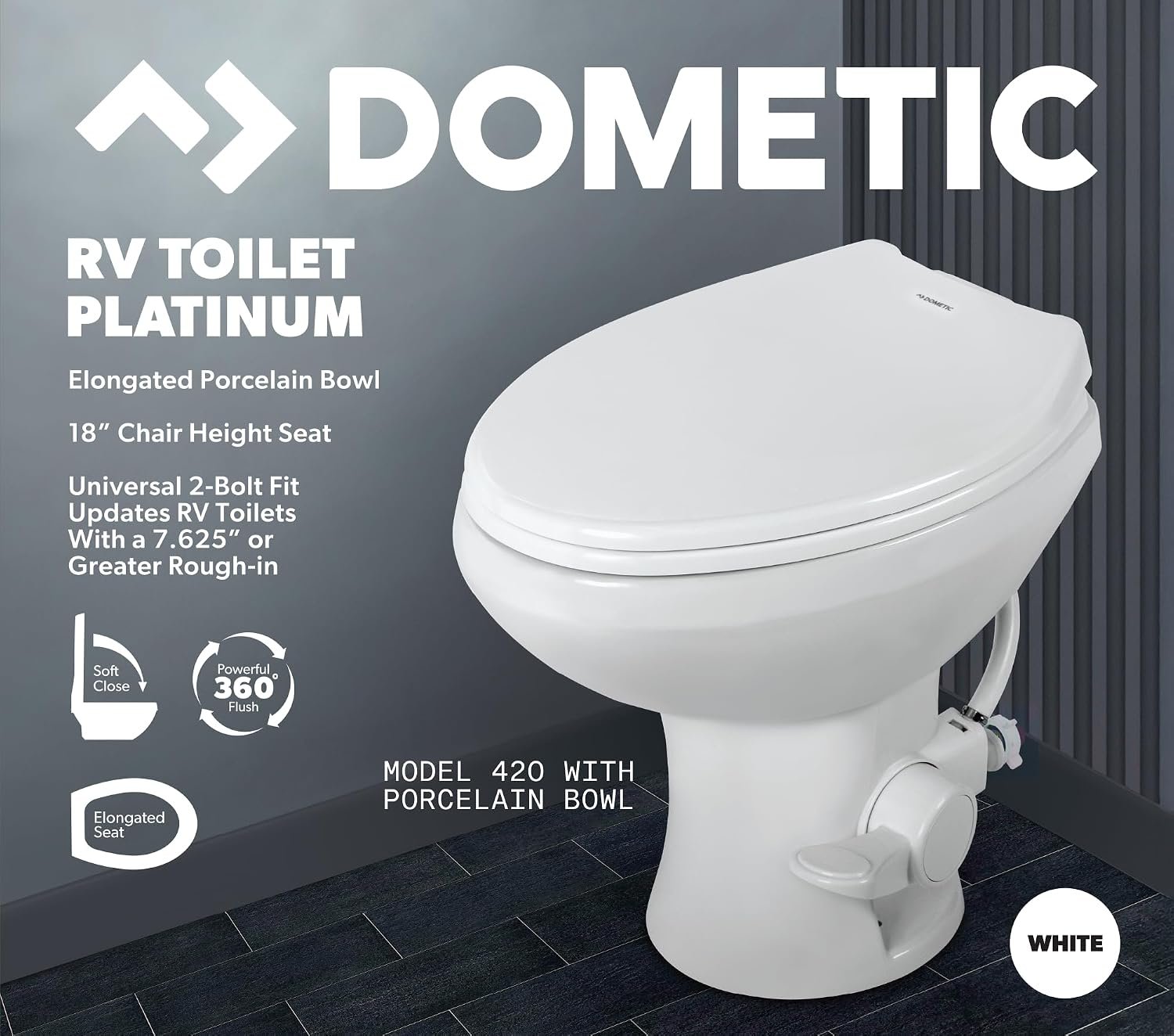 Dometic Model 420 Platinum RV Toilet – Elongated Porcelain Bowl, Universal Fit & 2-Bolt Mount, 18" Chair Height Residential-Style, Gravity Flush Toilet with Soft-Close Seat, White (9610008281) - Image 6