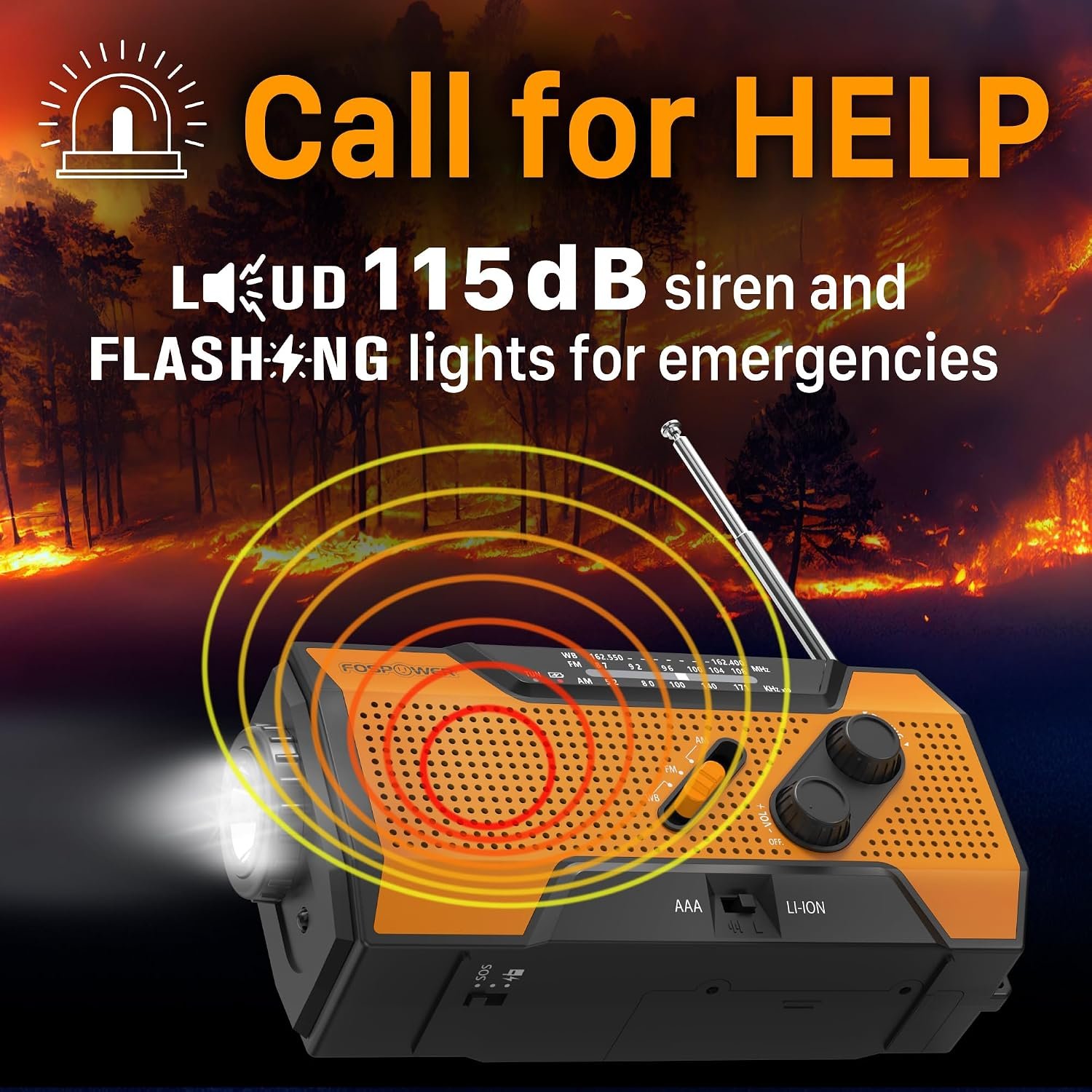 FosPower NOAA Emergency Weather Radio A1 7400mWh Solar Hand Crank (Orange) - Image 4