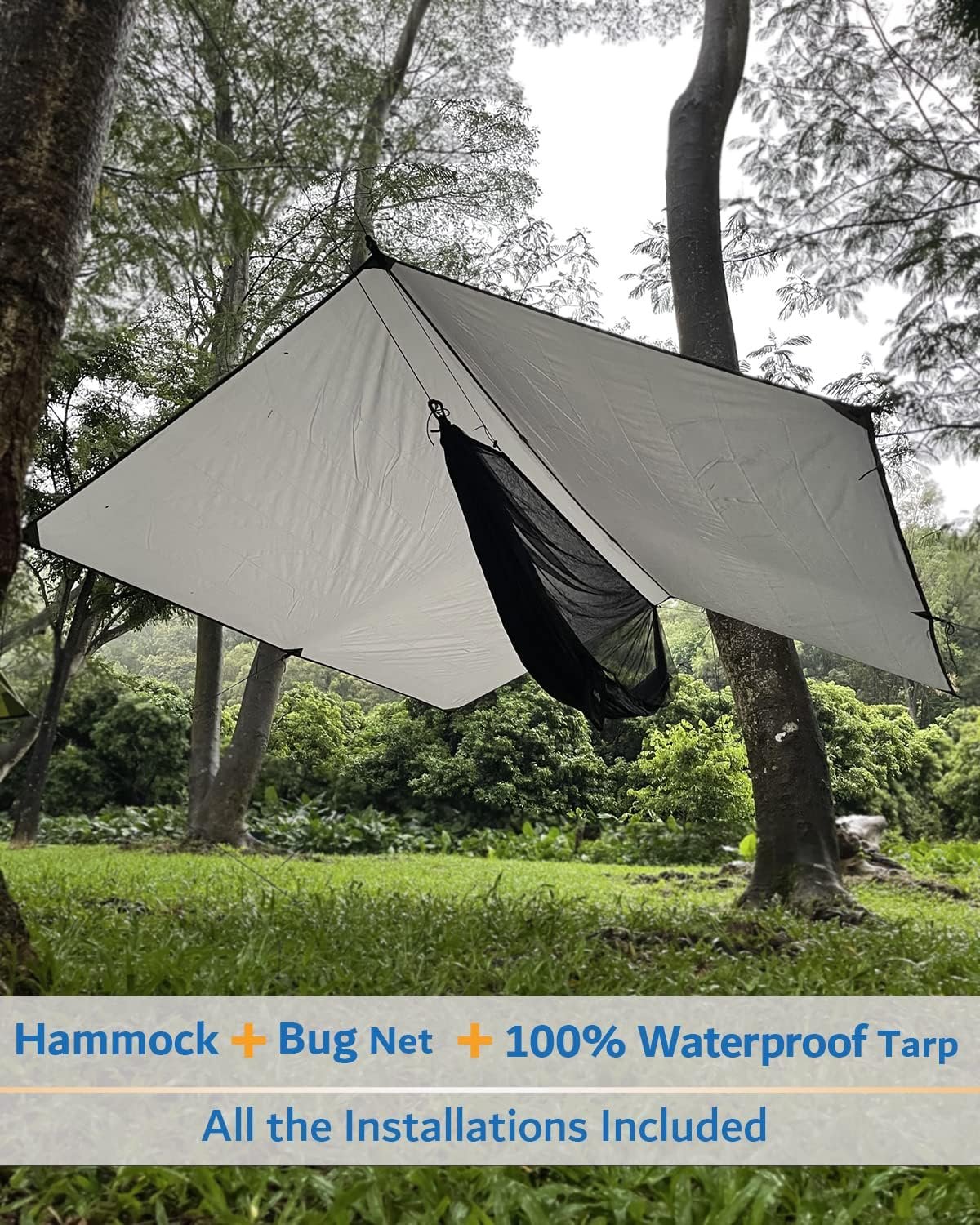 Sunyear Hammock Camping with Rain Fly Tarp and Net, Portable Camping Hammock Double Tree Hammock Outdoor Indoor Backpacking Travel & Survival, 2 Tree Straps,100% Waterproof Black Bundle - Image 3