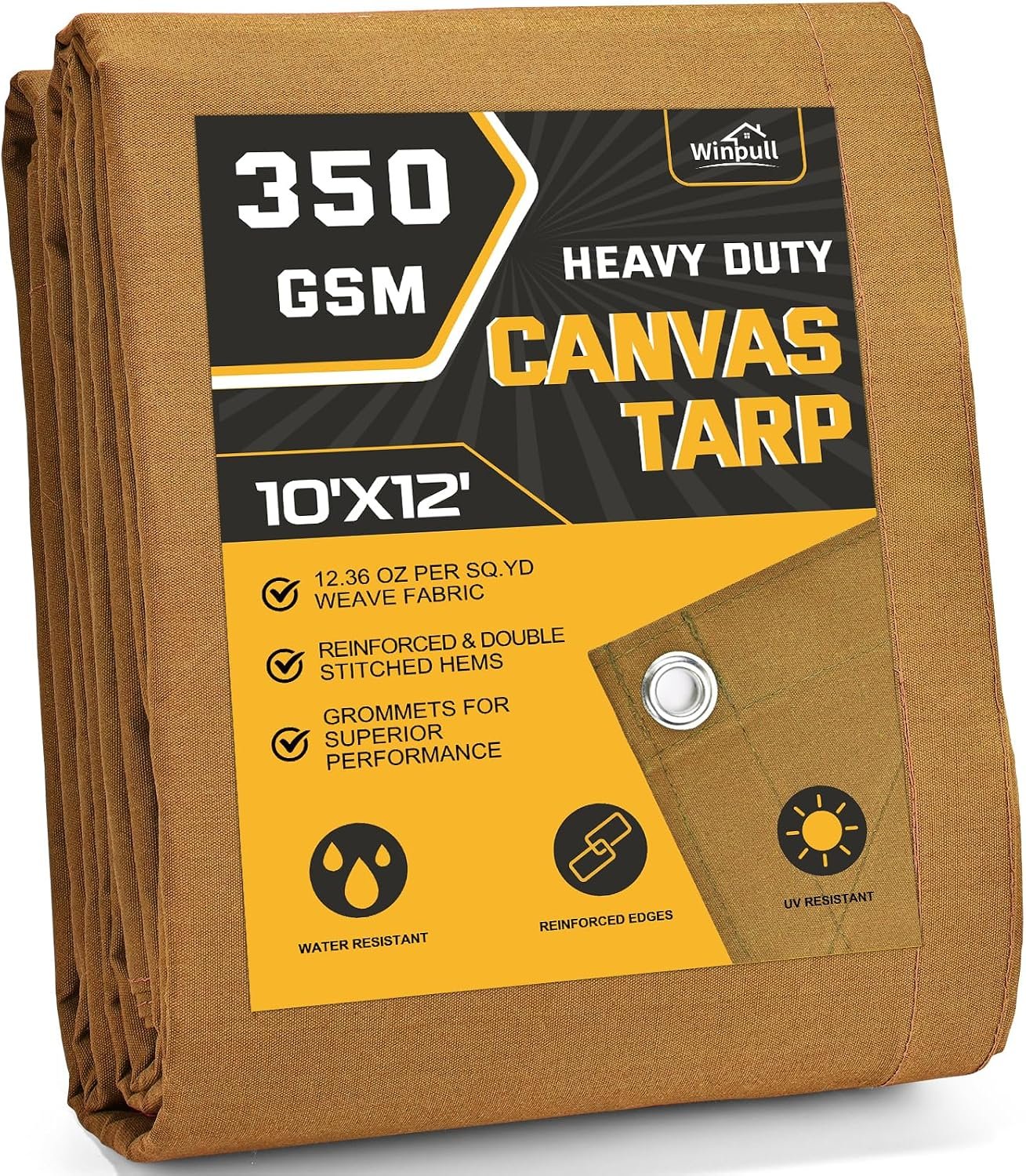 Winpull Heavy Duty Canvas Tarp 10x12 ft, 12oz (350 GSM) Polyester Canvas Water-Resistant Tarp with Rustproof Grommets, Tear-Resistant Outdoor Cover for Wood Piles, Camping, Trailer & Equipment