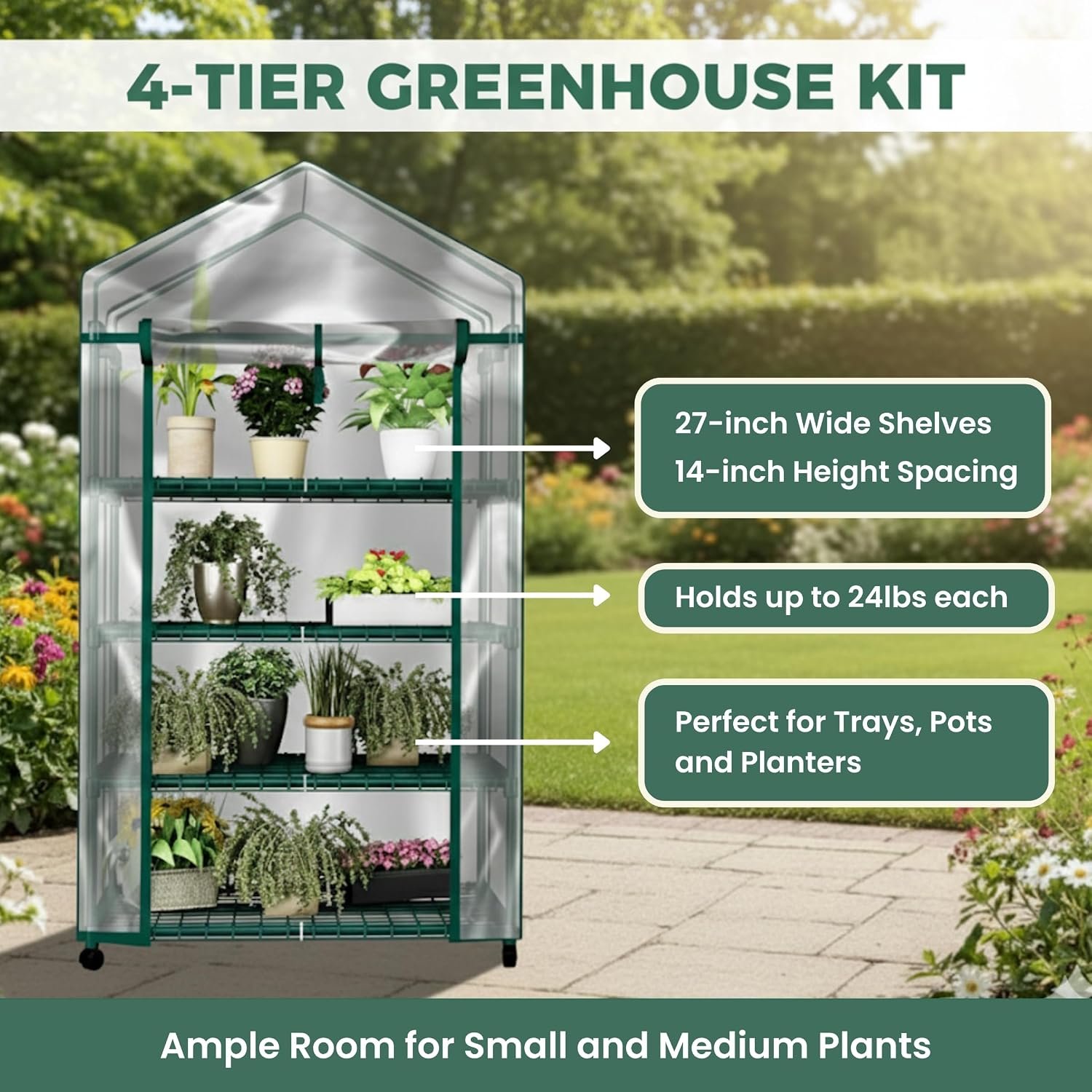 4 Tier Mini Greenhouse - Portable Greenhouse with Locking Wheels and PVC Cover for Indoor or Outdoor Green House by Pure Garden - Image 4