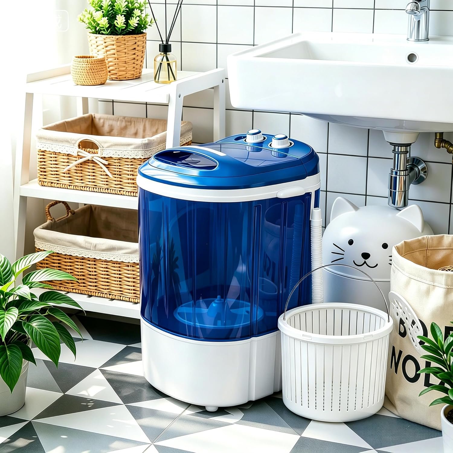 SUPER DEAL Portable Washing Machine, Single Tub Small Laundry Washer 5.7 lbs Washing Capacity for Apartments, Dorms,Traveling, RV, Semi-automatic Laundry 110V, Blue - Image 2