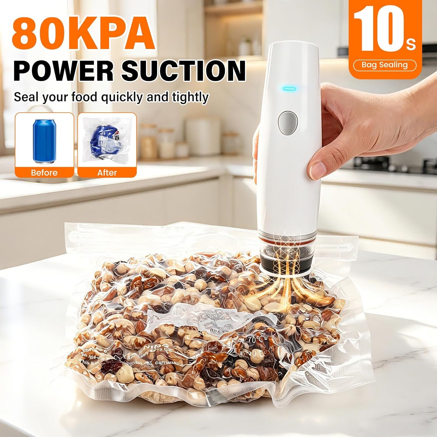 -80kPa Compact Vacuum Sealer for Food (Vacuum Sealer Machine + 30 Reusable Bags), Cordless Handheld Vacuum Sealer Machine Portable Mini Food Sealer for Sous Vide & Meal Prep-White - Image 4