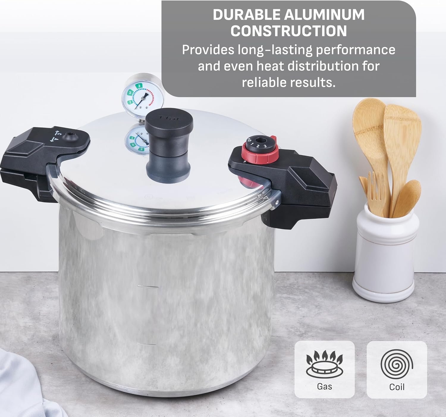 T-fal 22-Quart Aluminum Pressure Canner, 3 PSI Settings, Home Canning, Includes Racks & Canning Guide, Large Capacity, Pressure & Water Bath Canning for Vegetables, Meats, Seafood & Fruits, Silver - Image 8