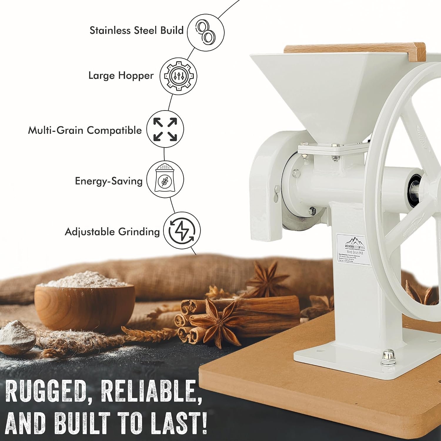 Manual Hand Grain Mill White | Heavy-Duty Hand Operated Food Grinder for Wheat, Corn, Oats, Coffee Beans, Rice & Dry Grains | Hand Crank Kitchen Flour Mill for Home, Camping, Survival & Everyday Use - Image 5