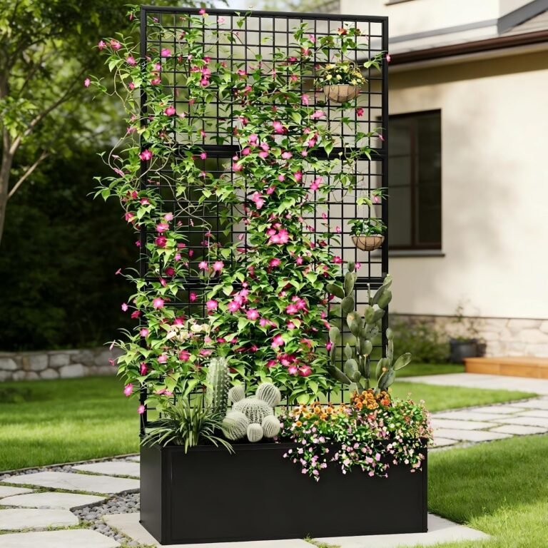 Privacy Planters for Patio – Metal Raised Garden Bed with Trellis and Privacy Screen, 71" x 35" x 16" Planter Box with Drainage Holes for Climbing Plants, Vegetables, and Vines, Outdoor Backyard Black