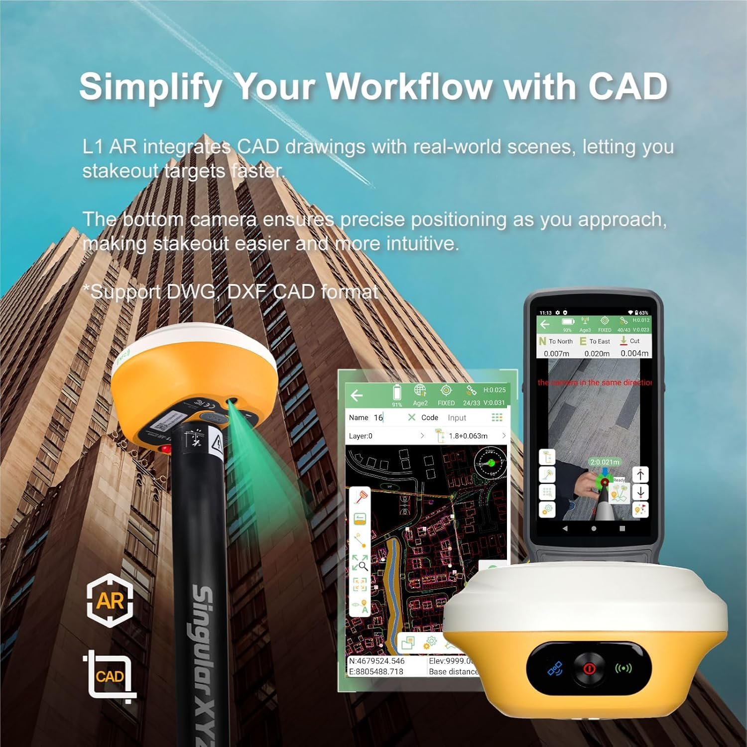 L1-AR GNSS RTK Base+Rover – RTK GPS Handheld Collector with Software & Visual Stakeout with Camera, Global Shutter with 2 MP, 2cm Accuracy, 120° Tilt Survey | Professional Support - Image 4