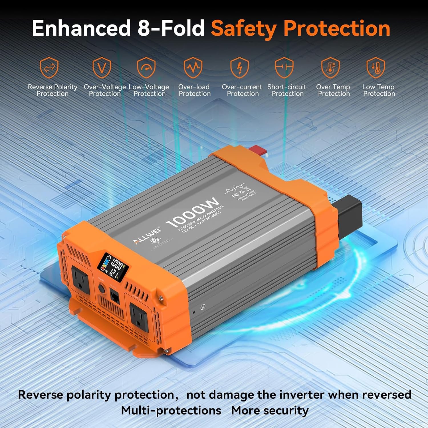 1000W Pure Sine Wave Power Inverter 12V DC to 120V AC, ETL Listed to UL 458 - Image 5