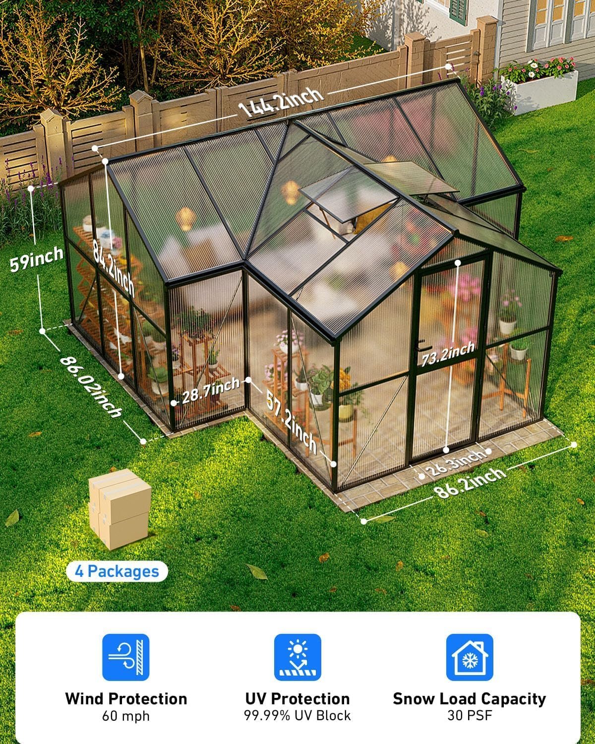 12x12 FT T-Shape Greenhouses, Polycarbonate Green House with UV Protection - Image 2