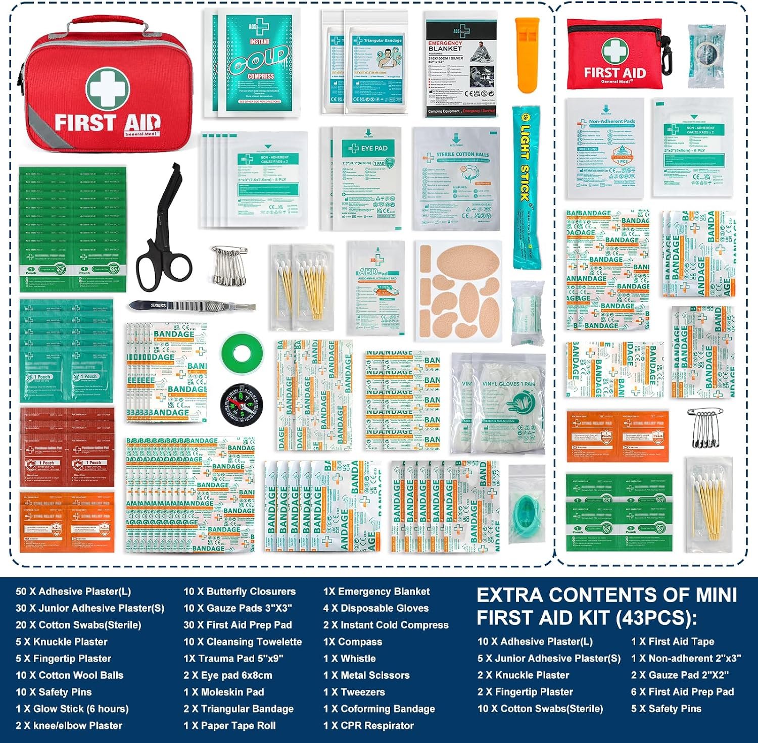 General Medi 2-in-1 First Aid Kit (215 Piece Set) + 43 Piece Mini First Aid Kit -Includes Ice(Cold) Pack, Moleskin Pad and Emergency Blanket for Travel, Home, Office, Car, Workplace - Image 2