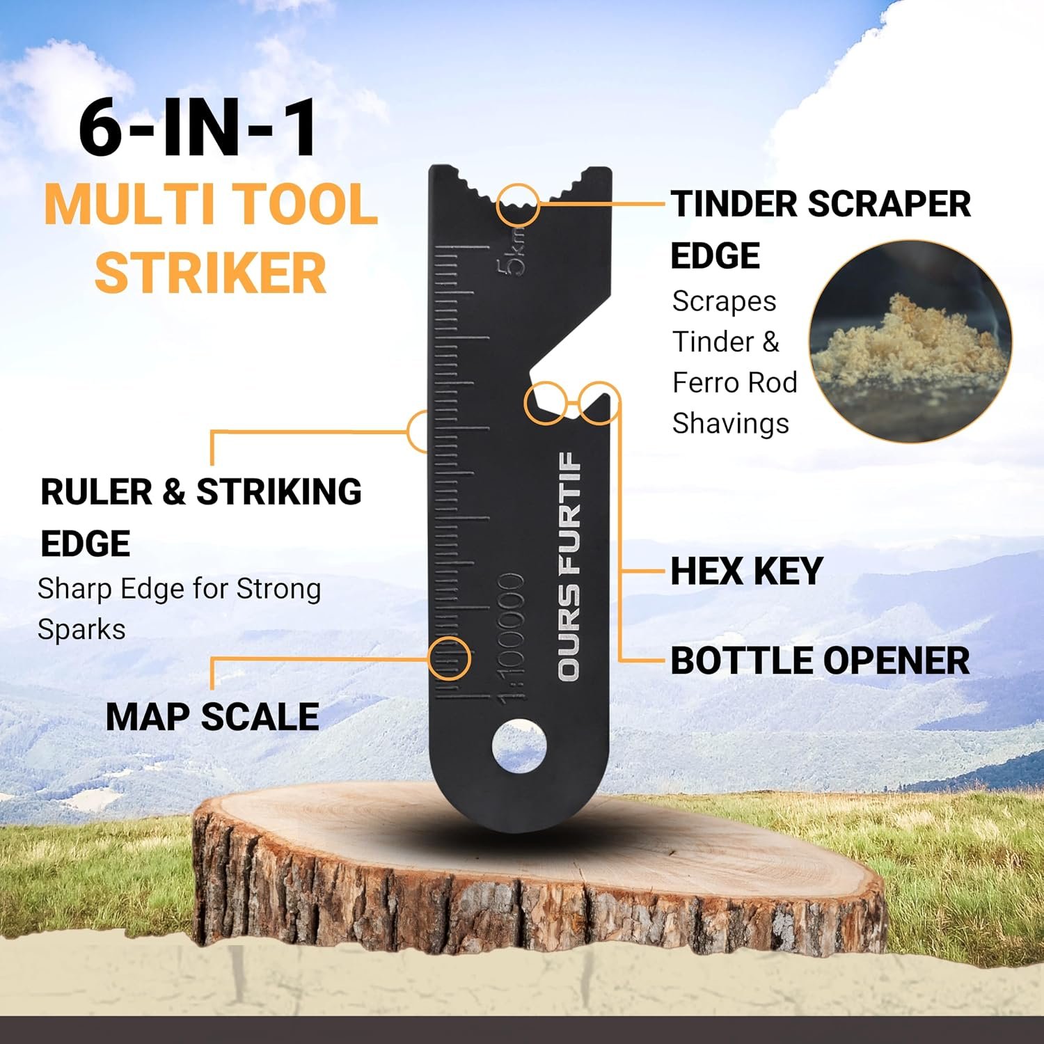 Ferro Rod Fire Starter Kit with Fatwood Tinder Stick - 3/8" Thick Ferrocerium Flint and Steel Fire Starter, Multi-Tool Striker & Pouch - Survival Fire Steel for Camping, Bushcraft & Emergency - Image 5