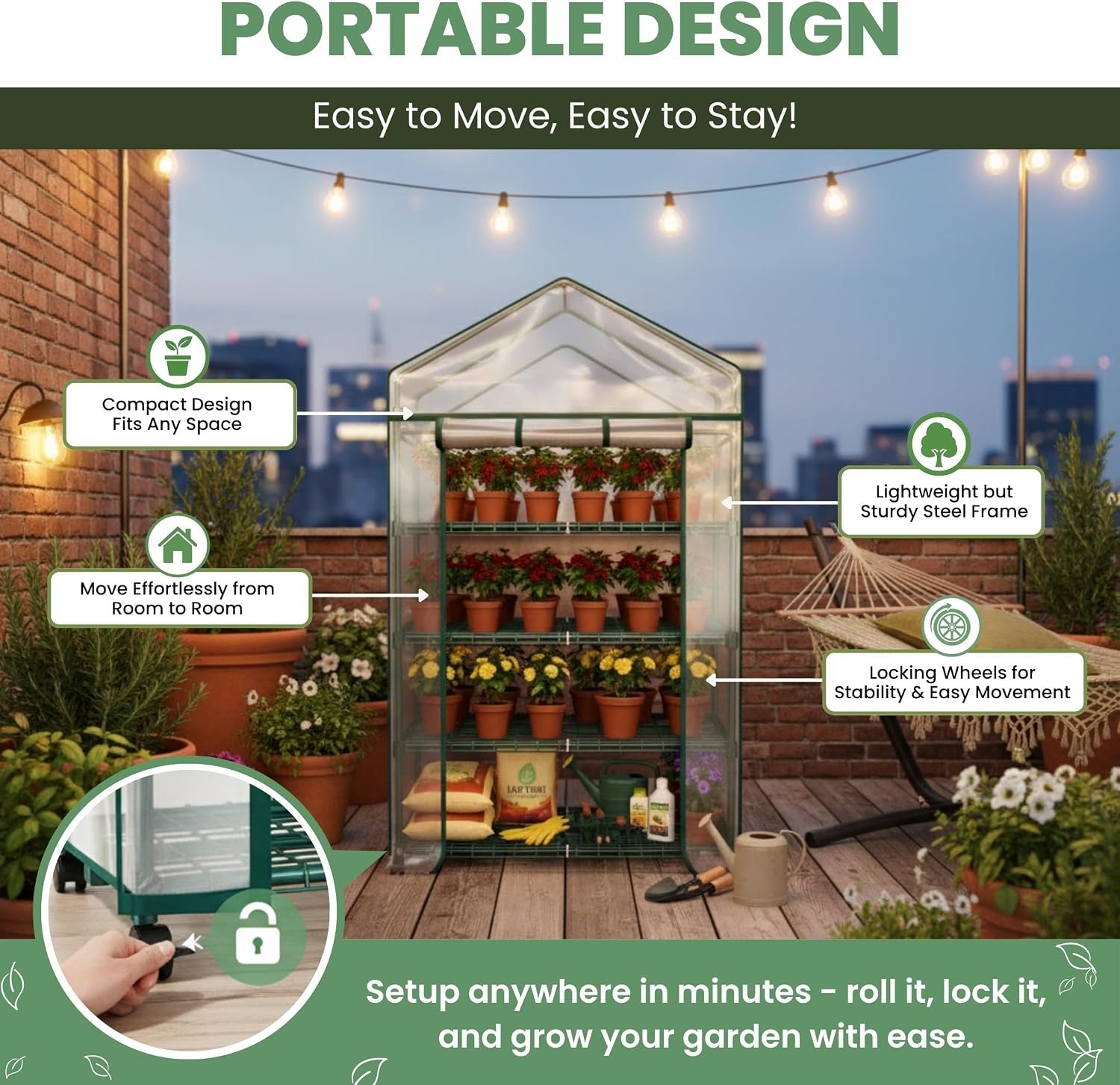 4 Tier Mini Greenhouse - Portable Greenhouse with Locking Wheels and PVC Cover for Indoor or Outdoor Green House by Pure Garden - Image 2