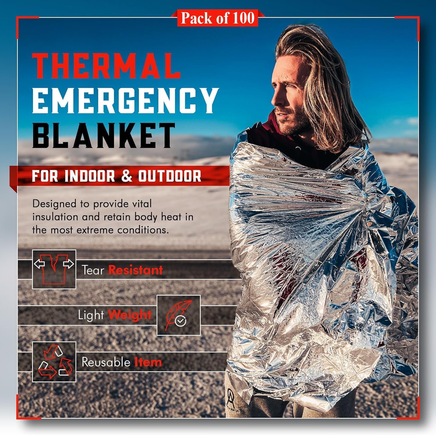 Emergency Blanket Mylar Thermal Space Survival Gear & Supplies 100-Pack - Image 2