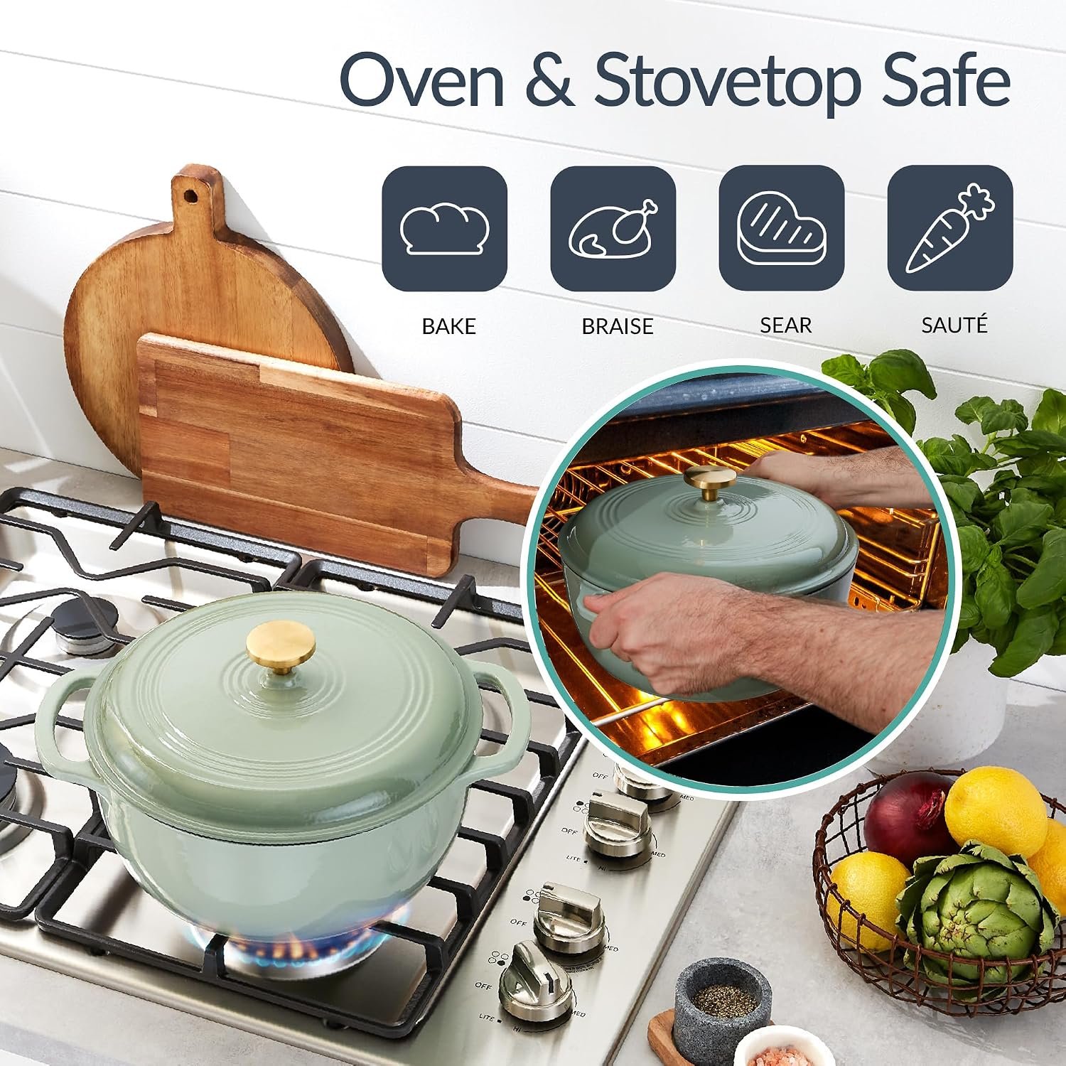 Best Choice Products 6-Piece Cast Iron Cookware Set, Ceramic Coated 6Qt Dutch Oven, 2Qt Skillet W/Lid, 10" Grill Pan W/Press, Non-toxic, Heavy Duty, Gas/Induction Compatible, PFAS Free - Sage - Image 6