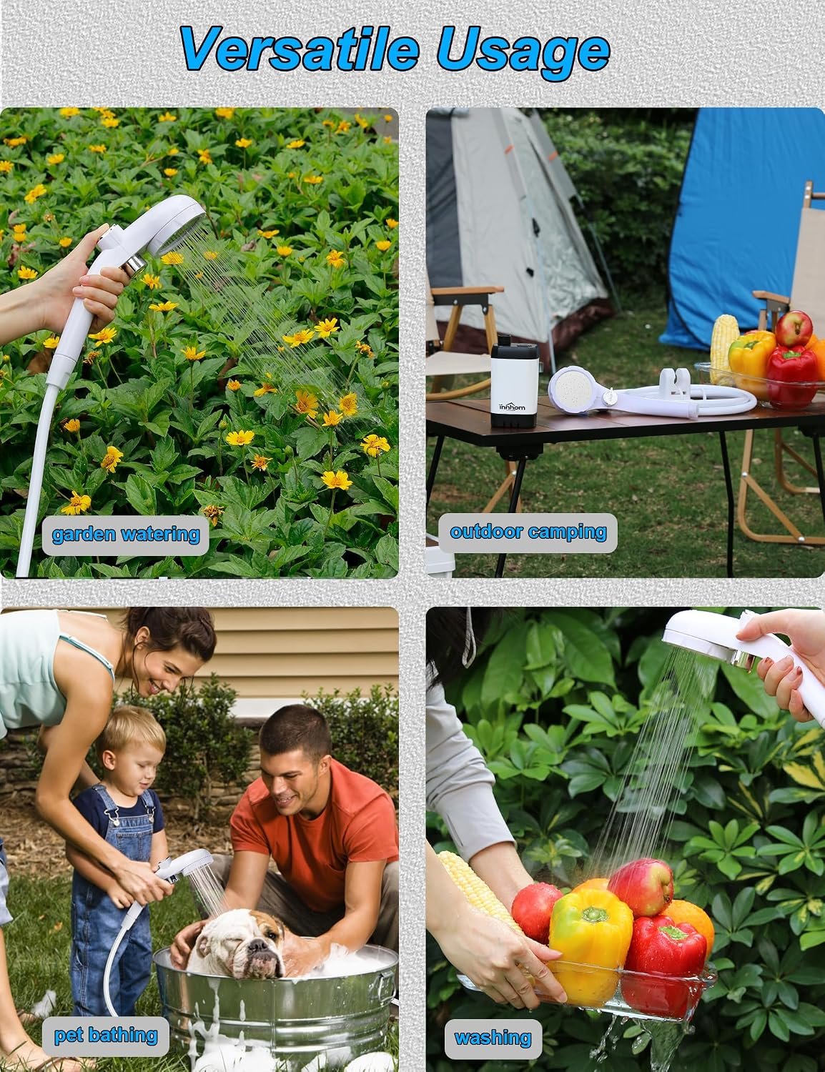 innhom Portable Camping Shower, 6000mAh Rechargeable Camp Shower Pump with LED Display, IPX7 Waterproof & 2 Spray Modes Electric Outdoor Shower for Hiking, Pet Bathing, Car Washing - Image 9