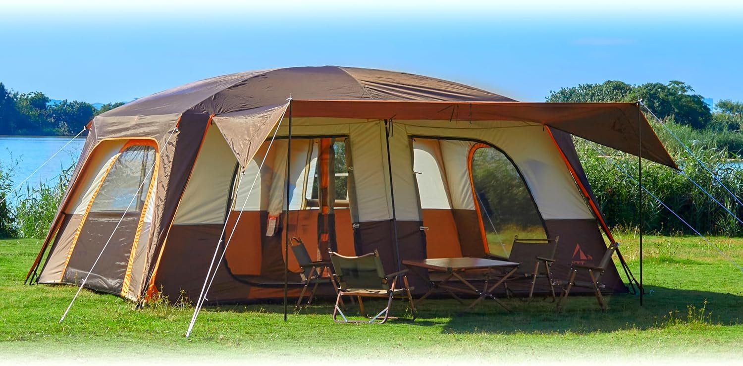 KTT Extra Large Tent 10-12-14 Person,Family Cabin Tents,2 Rooms,3 Doors and 3 Windows with Mesh,Straight Wall,Waterproof,Double Layer,Big Tent for Outdoor,Picnic,Camping,Family Gathering