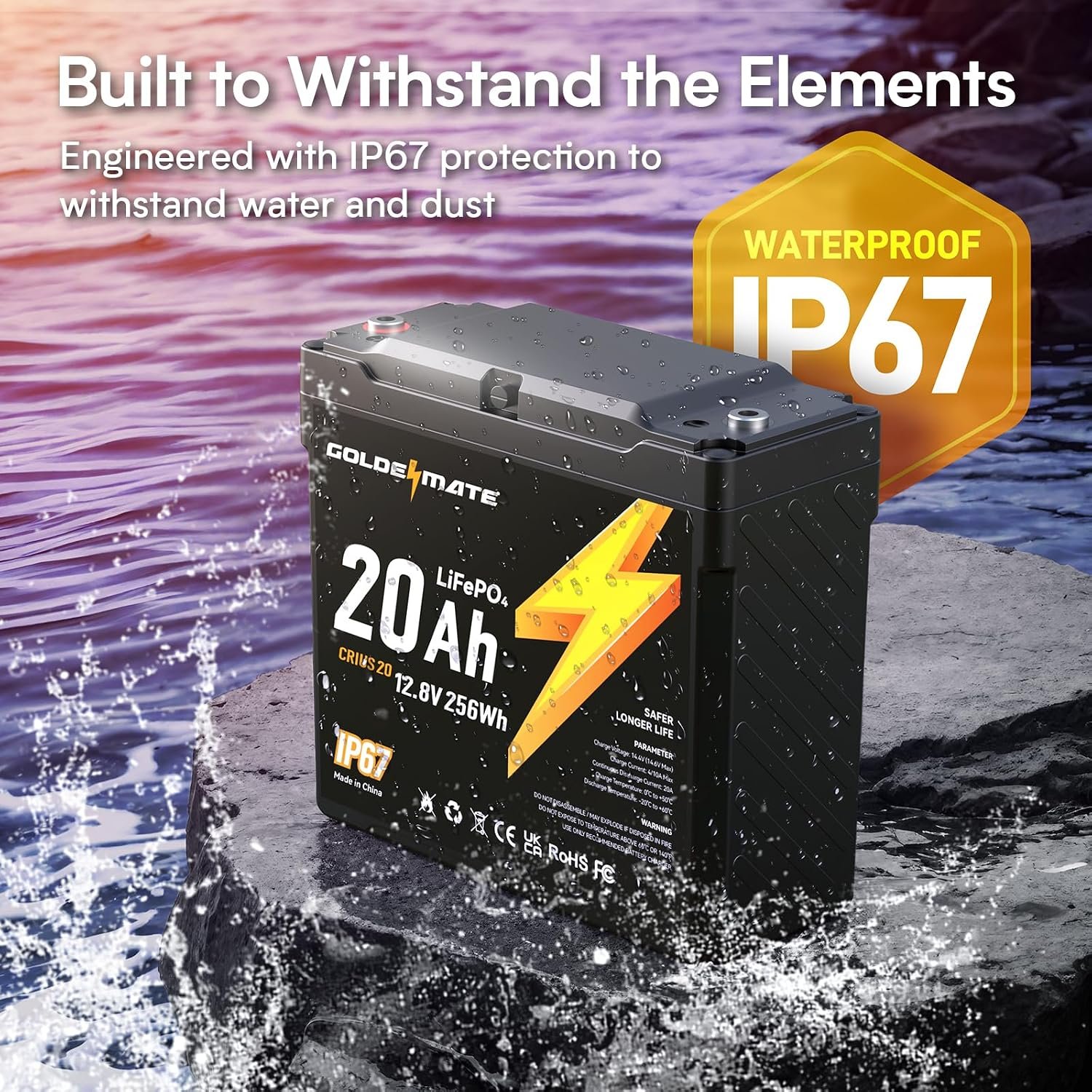 GOLDENMATE 12V 20Ah Lithium LiFePO4 Battery(2 Packs), IP67 Waterproof - Image 3