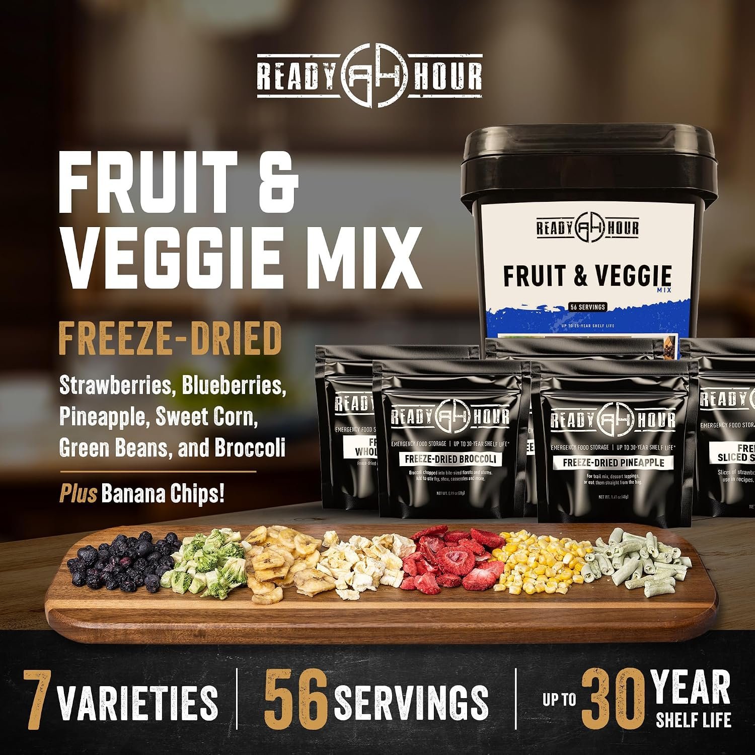 Ready Hour, Fruit & Veggie Mix, Non-Perishable Freeze-Dried Food, 30-Year Shelf Life, Portable Emergency and Adventure Food Supply, Durable Flood Safe Container, 56 Servings - Image 4