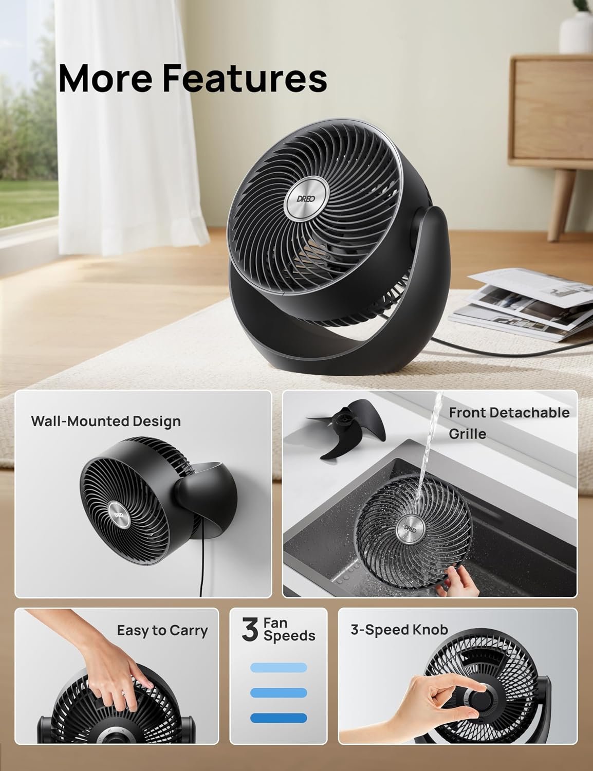 DREO Fan for Bedroom, Table Air Circulator for Whole Room, 11 Inch, 60ft Strong Airflow, 120Β° adjustable tilt, 20db Low Noise, Quiet, 3 Speeds, Desk Fan for Home,Office, Kitchen - Image 8