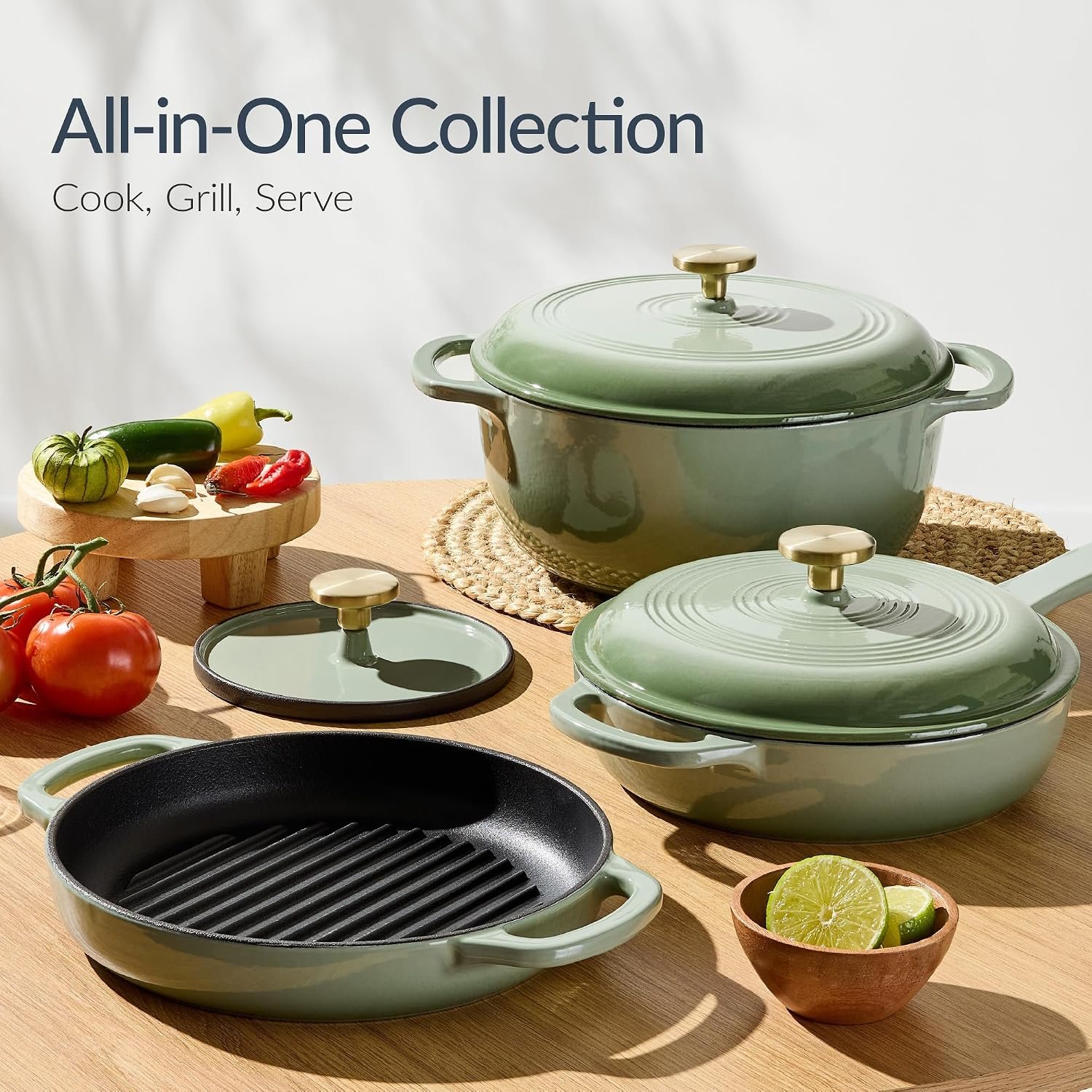Best Choice Products 6-Piece Cast Iron Cookware Set, Ceramic Coated 6Qt Dutch Oven, 2Qt Skillet W/Lid, 10" Grill Pan W/Press, Non-toxic, Heavy Duty, Gas/Induction Compatible, PFAS Free - Sage - Image 3