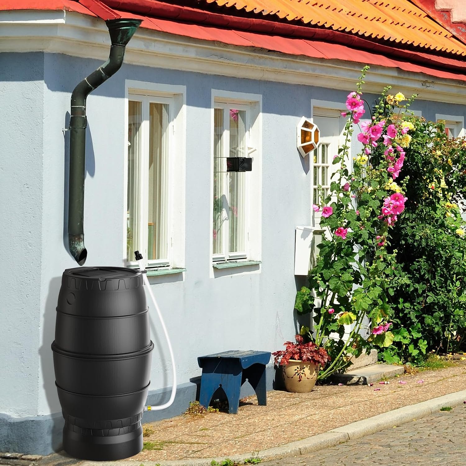 45 Gallon Rain Barrel with Stand for Gutter Rainwater Collection, BPA-Free Water Storage Barrel with Mesh Screen, Spigot and Overflow Valve for Garden Watering and Outdoor Use - Image 7