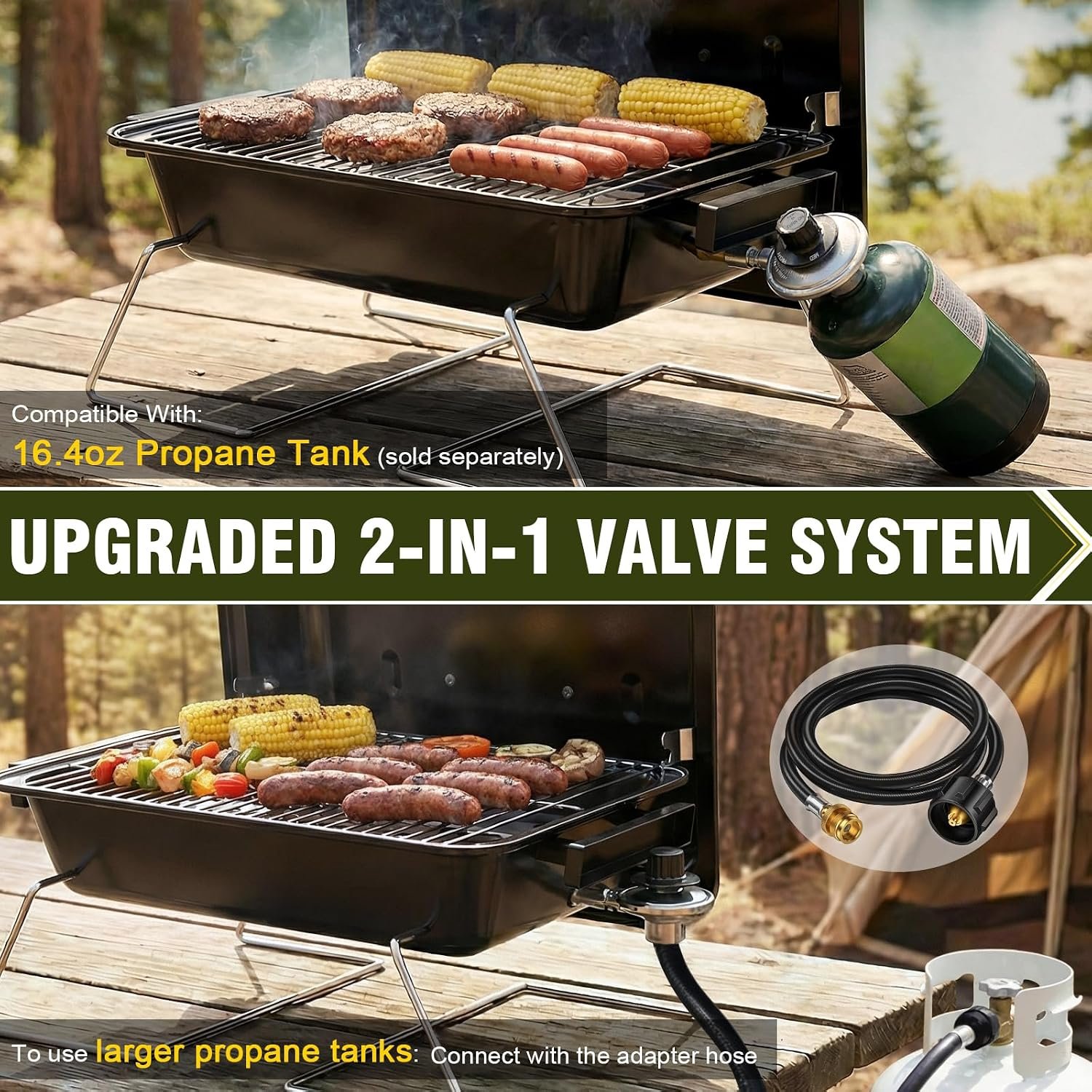 BESTFIRE Portable Propane Gas Grill with New 2-in-1 Valve - Compatible with Large Tank & Small Cylinder, Gas Grill with Foldable Legs & Adjustable Regulator,Heavy Duty, Perfect for Outdoor Camping - Image 2