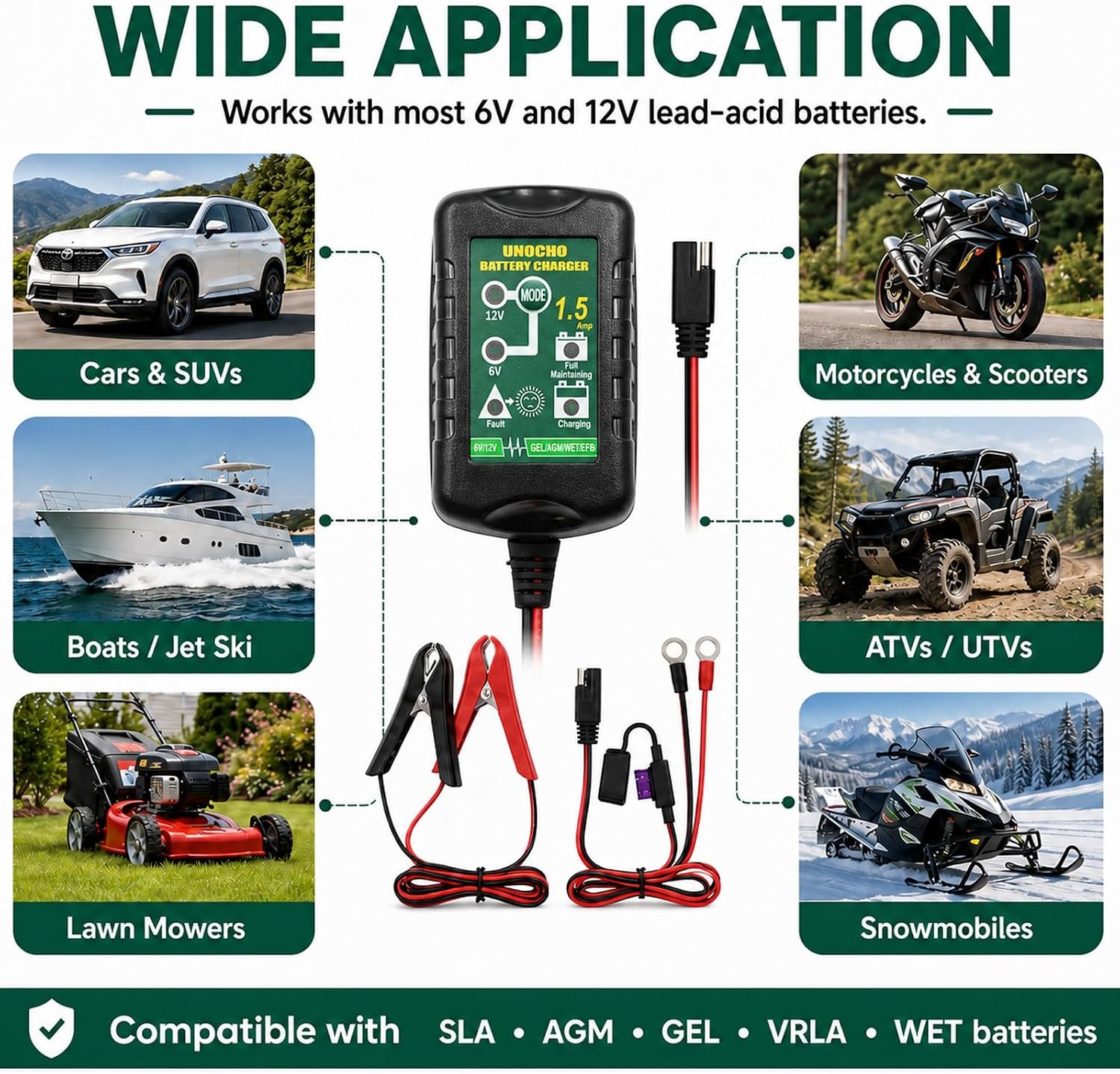 Unocho 6V/12V Battery Charger Maintainer 1.5A Automatic Trickle Charger Smart Float Charger for Car Motorcycle Lawn Mower Boat ATV Snowmobile Lead-Acid AGM GEL SLA VRLA WET Batteries - Image 4