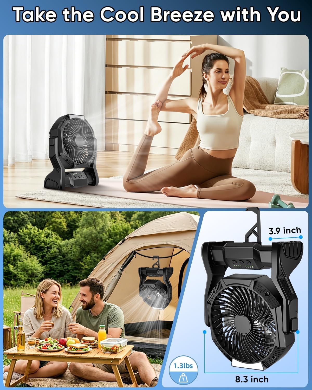 Portable Rechargeable Fan, 20000mAh Battery Powered Camping Fan with LED Light & Hook, 270° Adjustable, 4-Speed, 4H Timer Camping Essentials for Outdoor Tent Travel BBQ Car, Gifts for Men Dad - Image 8
