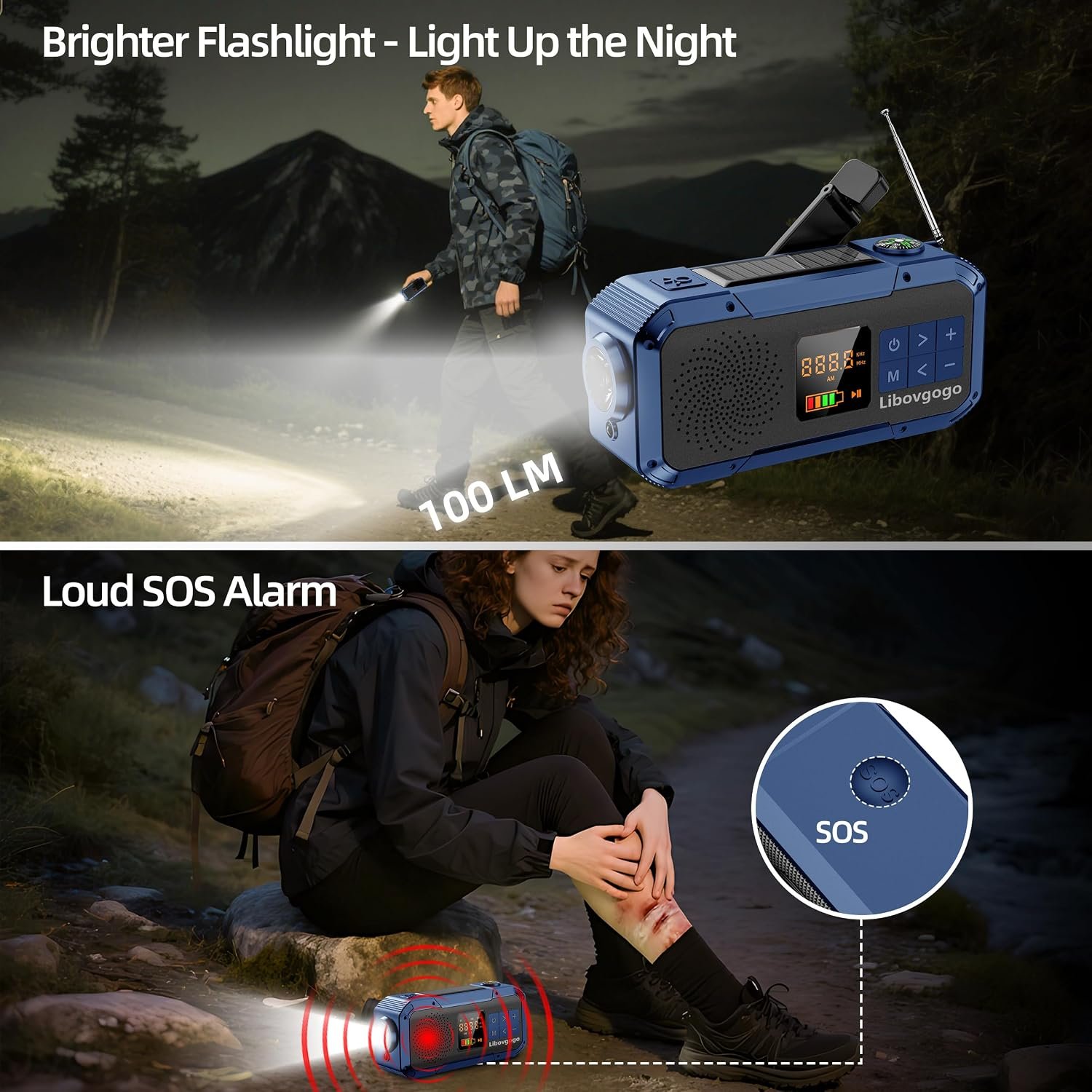 Emergency Weather Radio with IPX5 Waterproof Portable Bluetooth Speaker,USB-C Solar Hand Crank,NOAA Alarm AM FM Radio,Flashlight,SOS Alarm,2000mAh Cell Phone Charger for Camping and Survival (Blue) - Image 7