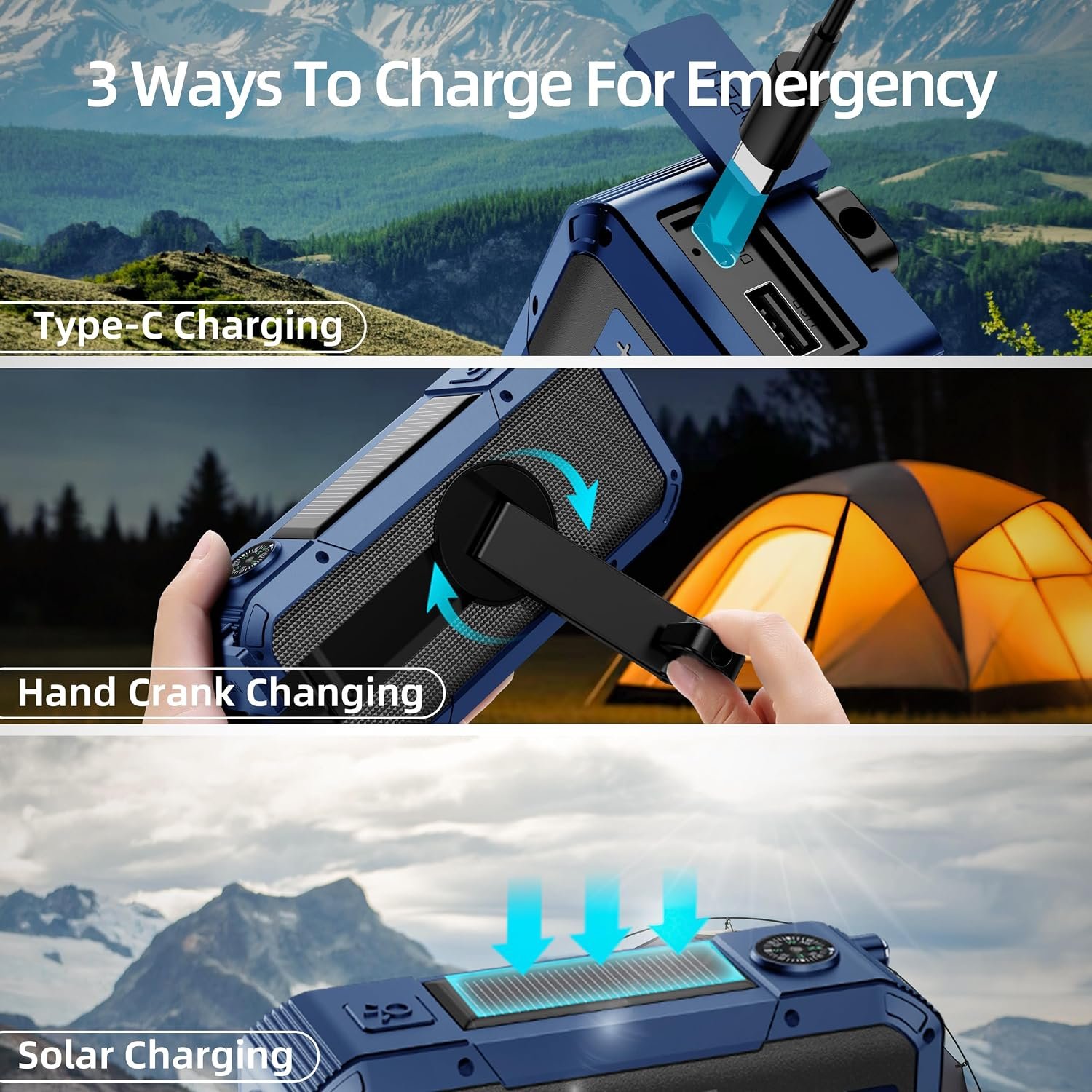 Emergency Weather Radio with IPX5 Waterproof Portable Bluetooth Speaker,USB-C Solar Hand Crank,NOAA Alarm AM FM Radio,Flashlight,SOS Alarm,2000mAh Cell Phone Charger for Camping and Survival (Blue) - Image 8