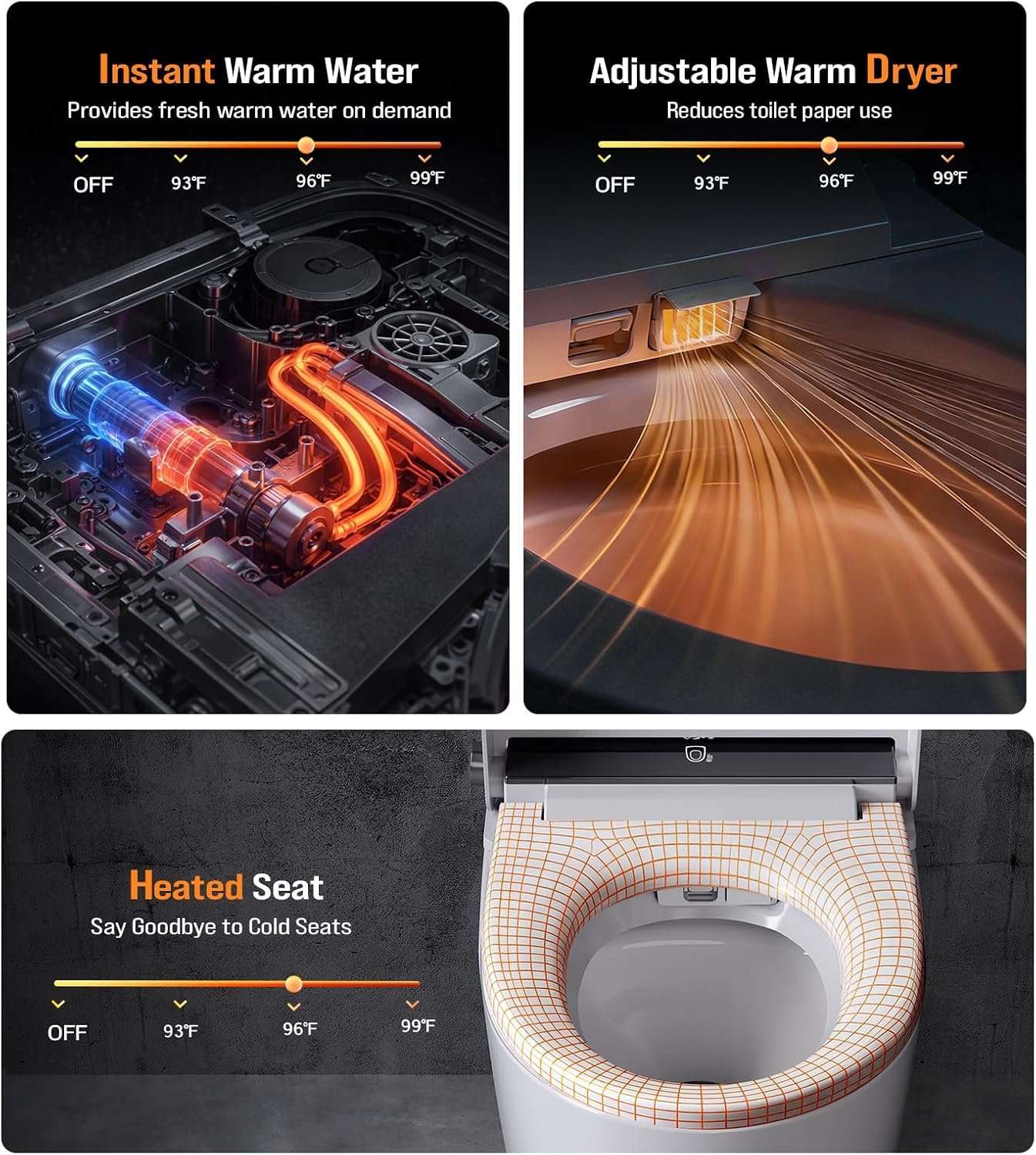 Smart Toilet with Bidet Built In, One-Piece Tankless Design with Remote,Auto Open & Close Lid, Dual Auto Flush, Heated Seat, Warm Air Dryer, Multiple Wash Modes & Temp Display - Image 7