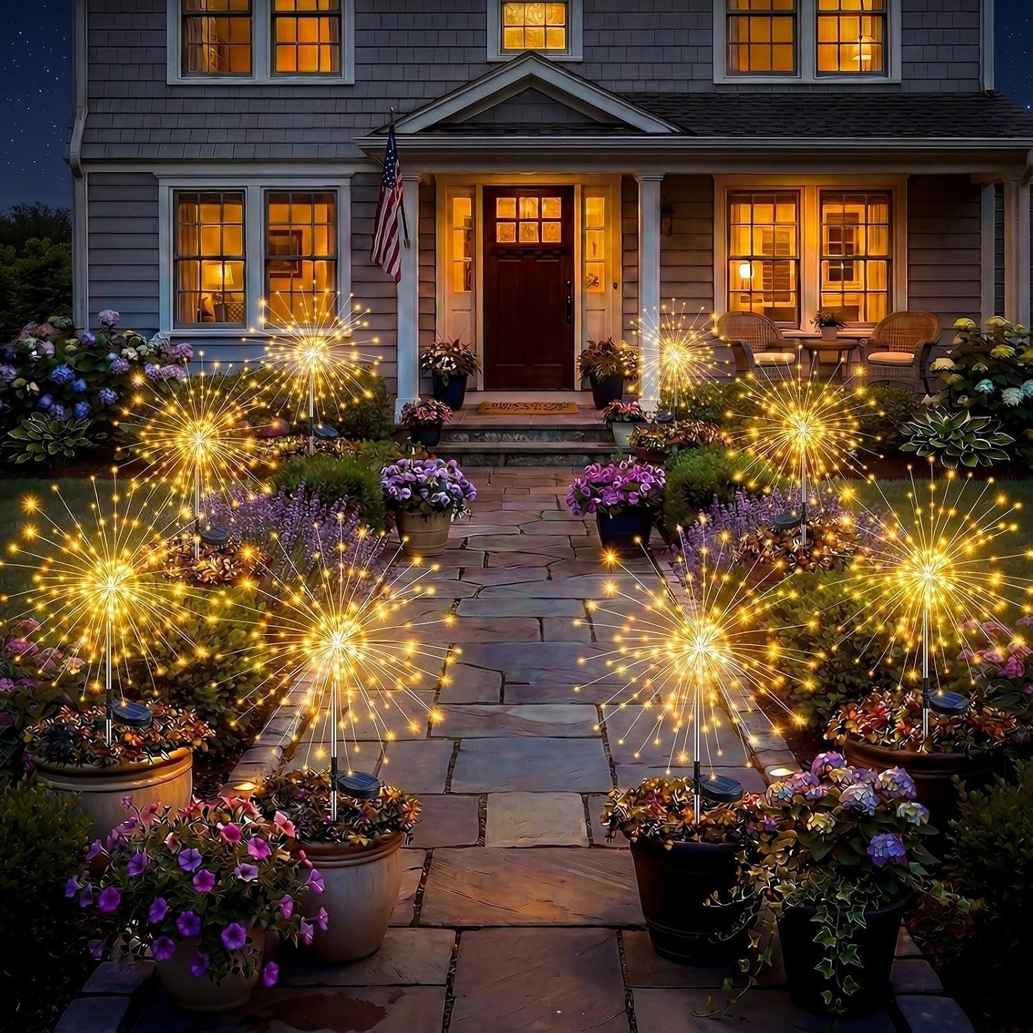 Solar Firework Lights, 8 Pack 120 LEDs 8 Lighting Modes Solar Fairy Garden Lights Outdoor Waterproof for Yard Patio Walkway Pathway Party Wedding Balcony Decorative- Warm White