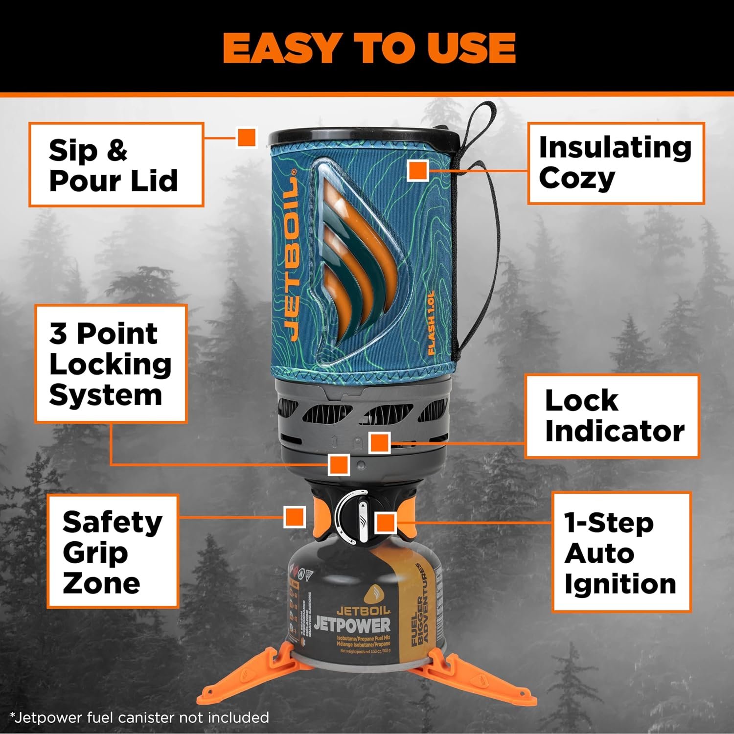 Jetboil Flash 1.0L Portable Fast Boil Stove for Camping and Backpacking with 1-Step Auto Ignition, Propane/Isobutane Burner with Cooking Cup, Ocean Topo - Image 5