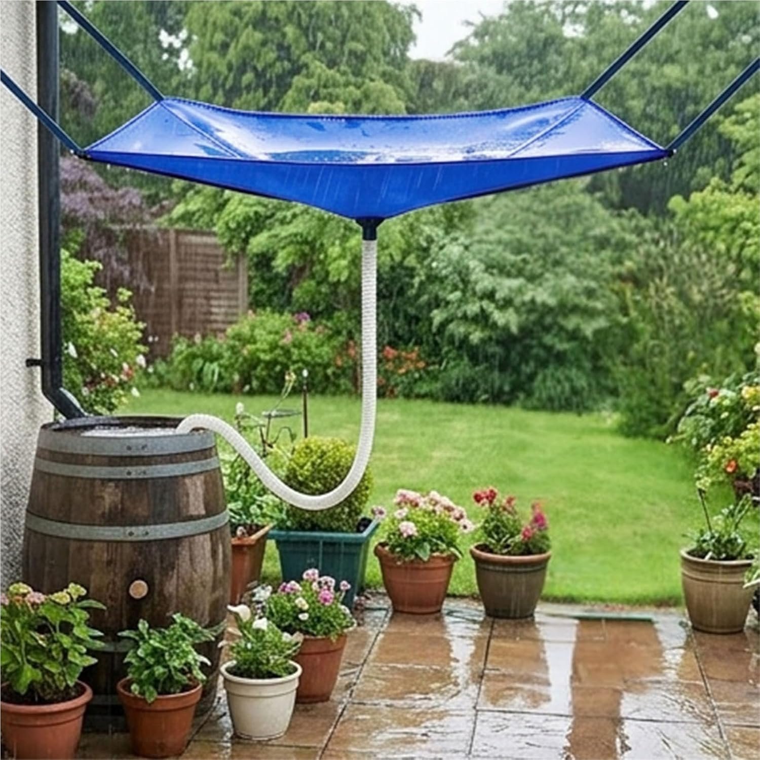 Rainwater Collection System with Hose Rain Catcher Reusable Roof Drain Fitting Tarp Water Diverter, for Lawn Outdoor Backyard Garden Balcony Camping Greenhouse (Blue)