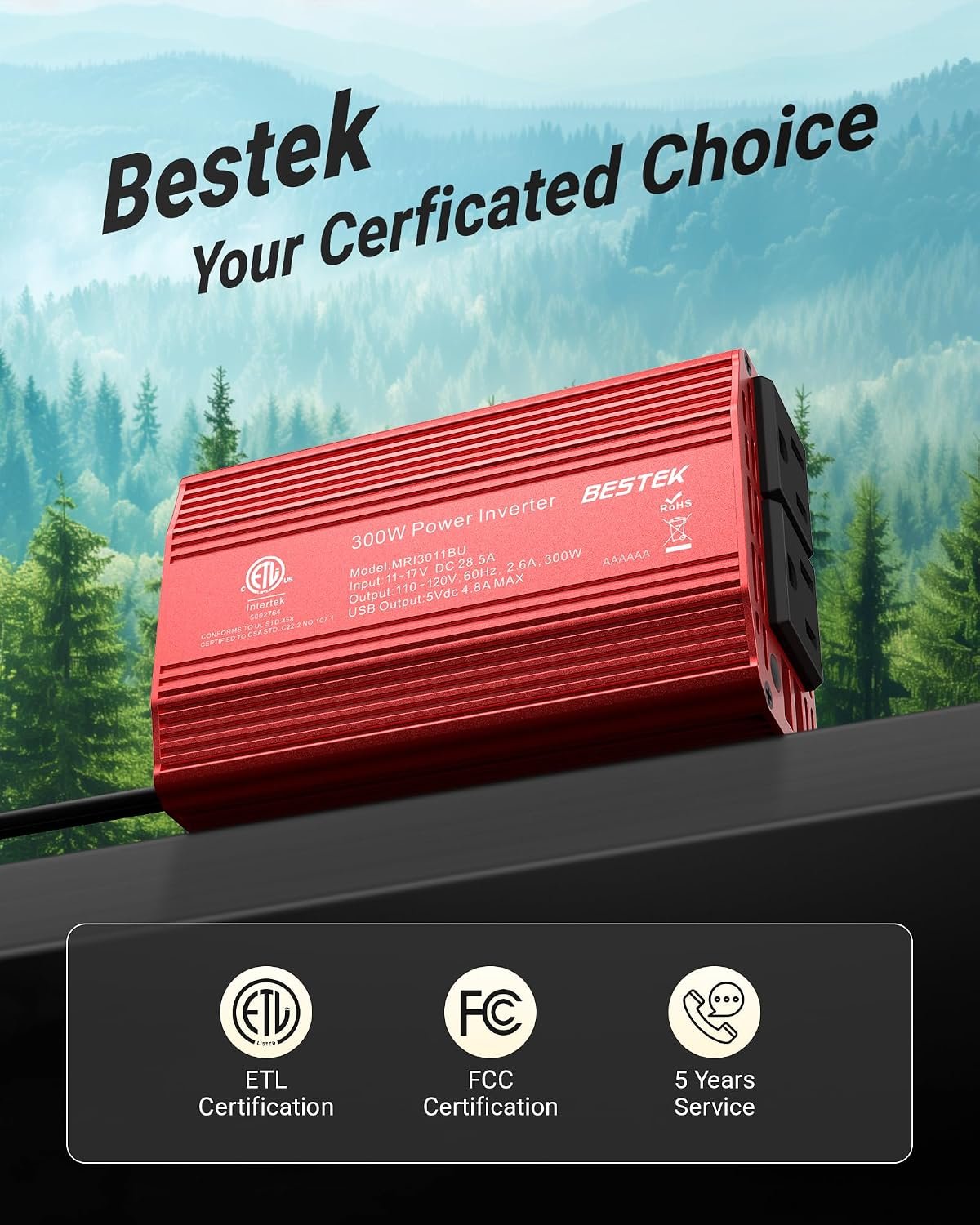 BESTEK Power Inverter DC 12-17V to AC 110V - 300W Car Plug Adapter Outlet - Image 8