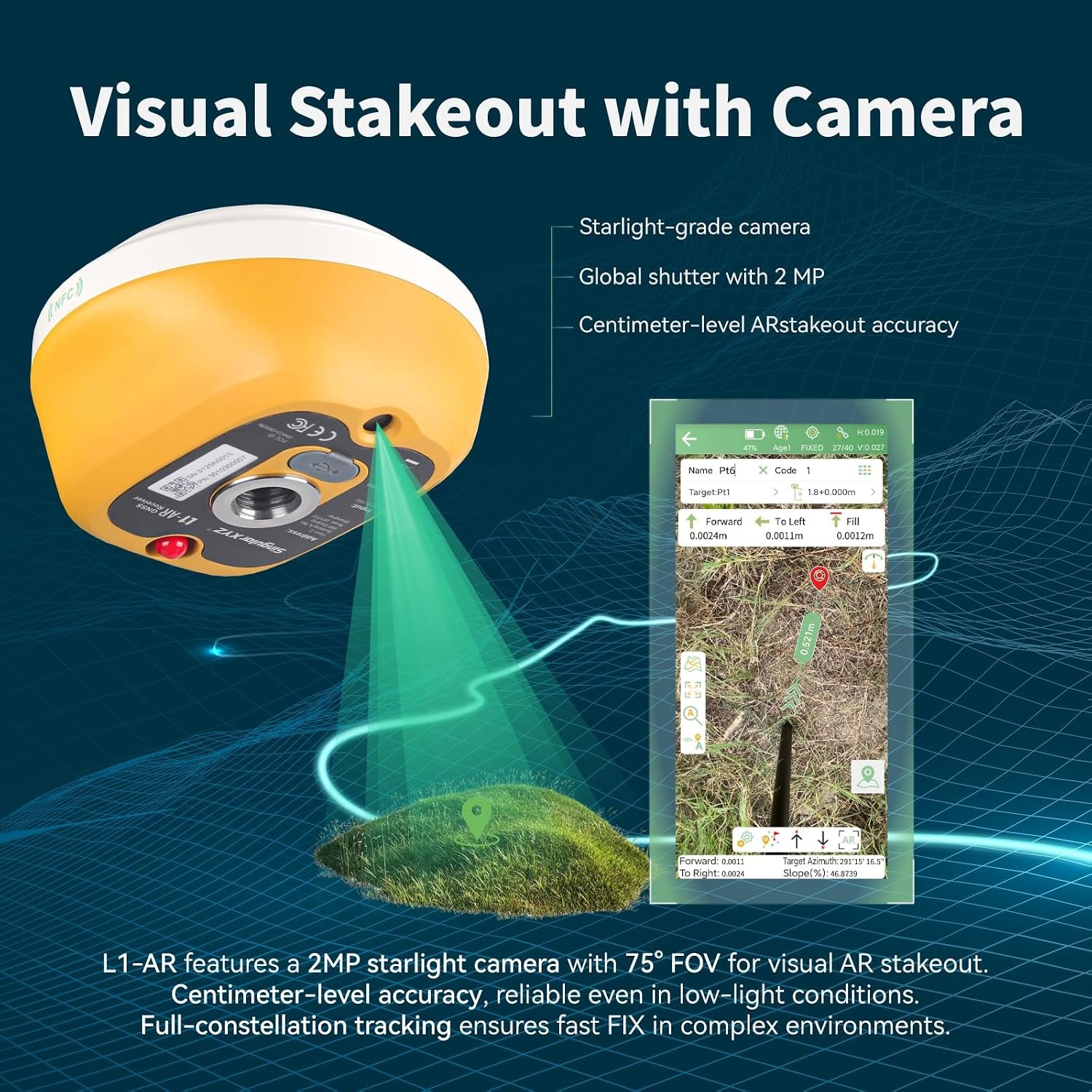 L1-AR GNSS RTK Base+Rover – RTK GPS Handheld Collector with Software & Visual Stakeout with Camera, Global Shutter with 2 MP, 2cm Accuracy, 120° Tilt Survey | Professional Support - Image 2