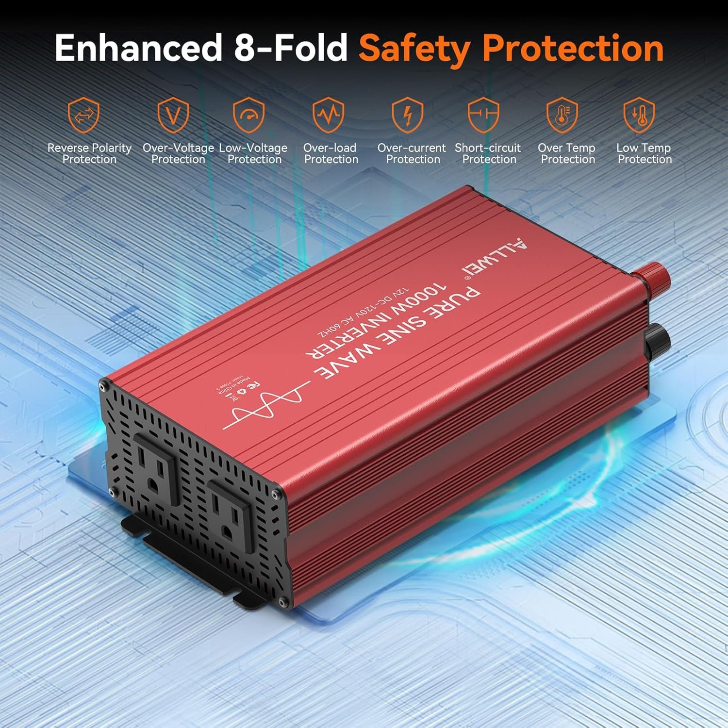 ALLWEI 1000W Pure Sine Wave Inverter, 12V DC to 120V AC Converter - Image 5