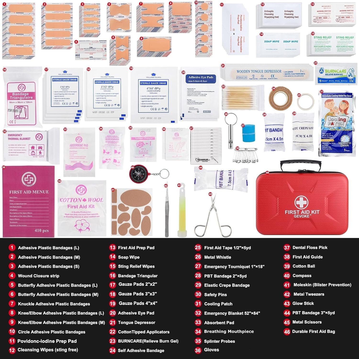Gevoke 410 Piece Waterproof Hard Shell First Aid Kit, Red - Image 2