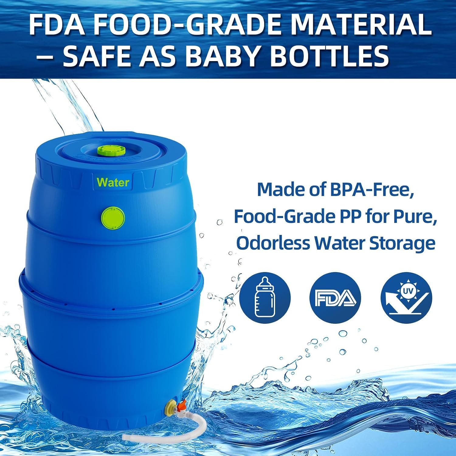 50 Gallon Blue Water Storage Barrel, BPA-Free Rainwater Collection Drum with Spigot, Stackable UV-Resistant Durable PP (Polypropylene) Barrel for Emergency Drinking Water & Gardening - Image 2