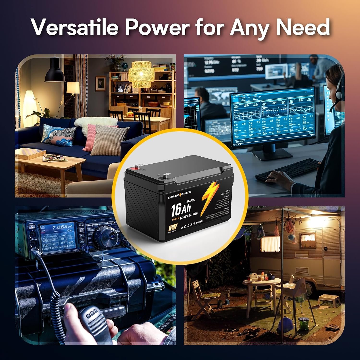 GOLDENMATE 12V 16Ah LiFePO4 Lithium Battery, IP67 Waterproof, Lightweight - Image 7