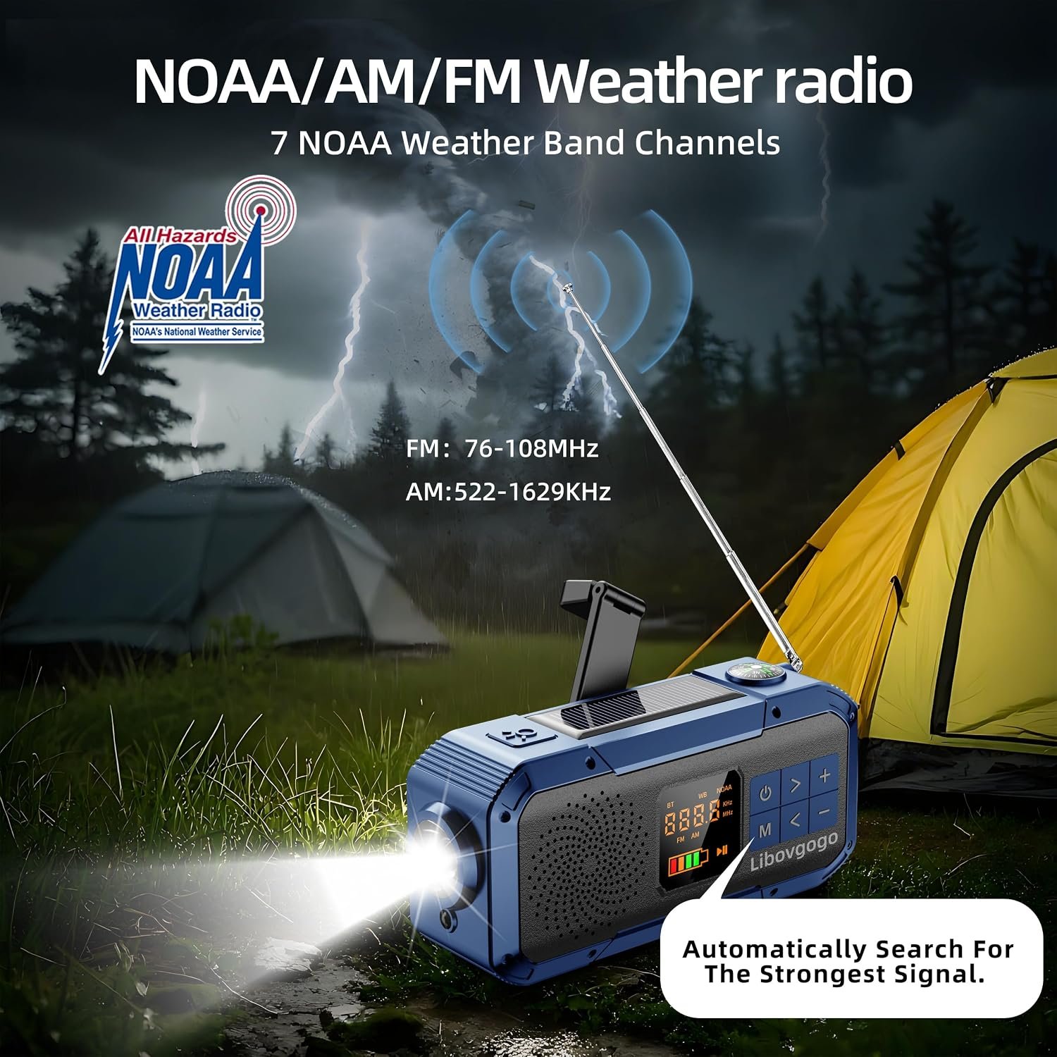 Emergency Weather Radio with IPX5 Waterproof Portable Bluetooth Speaker,USB-C Solar Hand Crank,NOAA Alarm AM FM Radio,Flashlight,SOS Alarm,2000mAh Cell Phone Charger for Camping and Survival (Blue) - Image 2