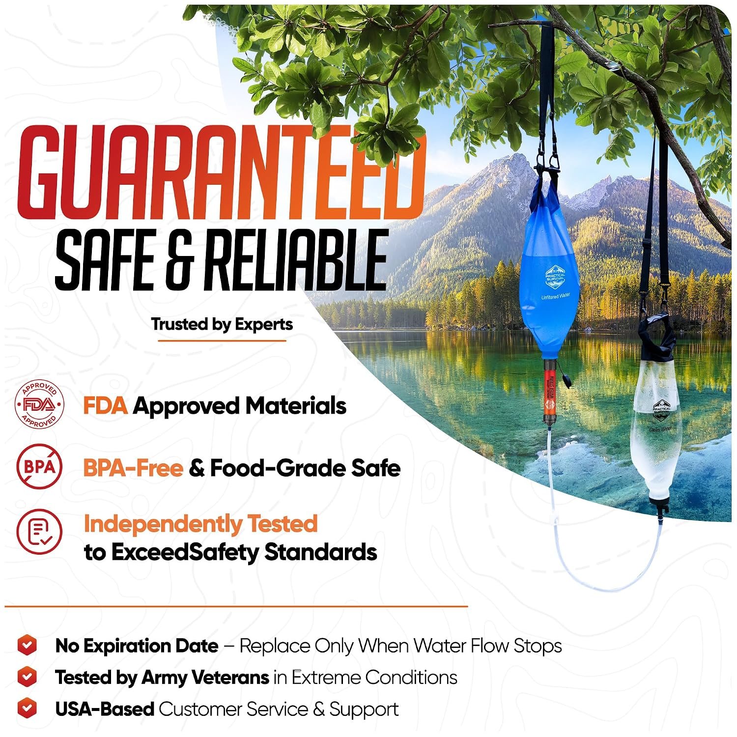 Gravity Water Filtration System – 2 High Capacity Lightweight Hanging Bags for Backpacking, Camping, Survival, Hiking, Hunting - Dirty, Clean Water Bags, Water Filter and Cleaning Plunger Included - Image 6