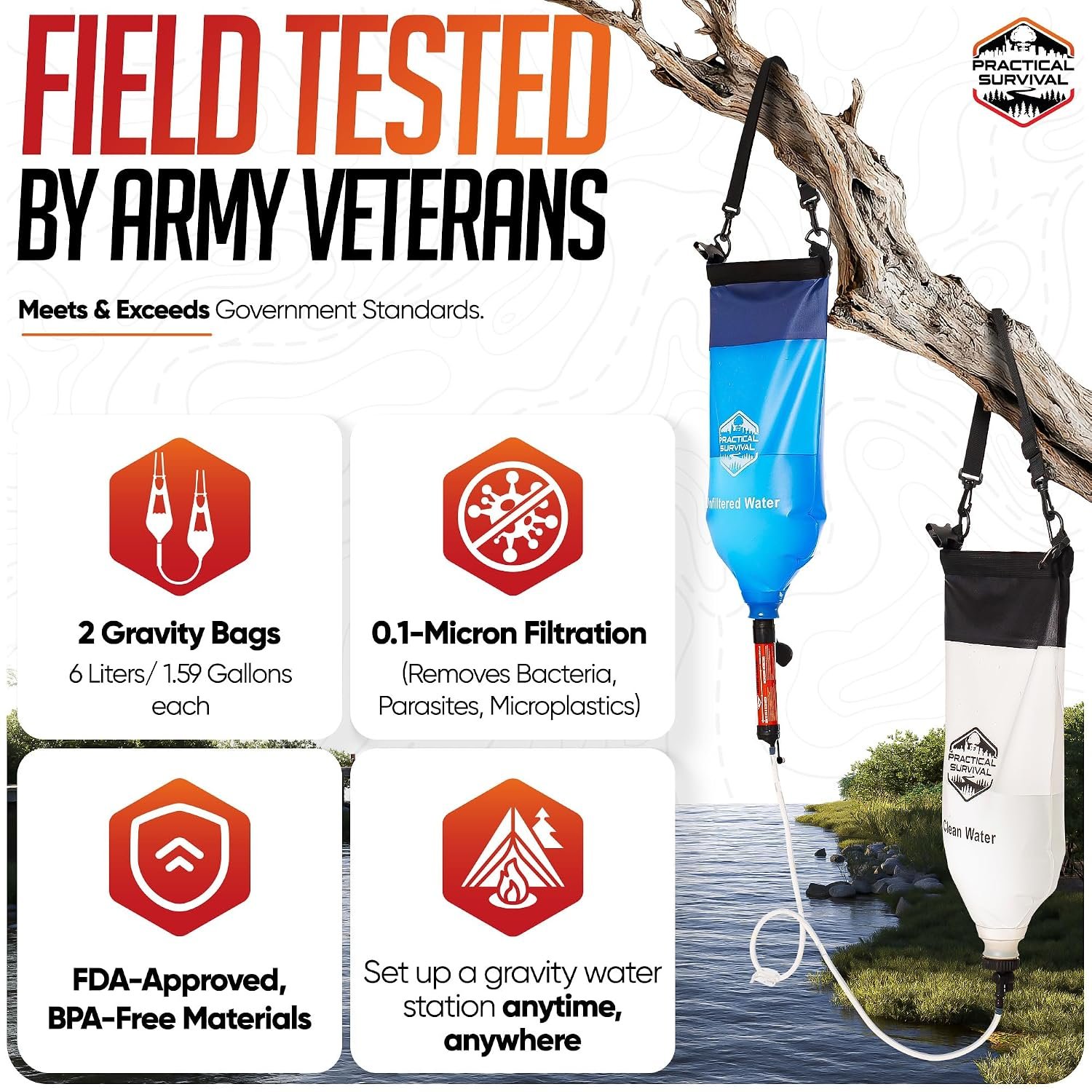 Gravity Water Filtration System – 2 High Capacity Lightweight Hanging Bags for Backpacking, Camping, Survival, Hiking, Hunting - Dirty, Clean Water Bags, Water Filter and Cleaning Plunger Included - Image 2