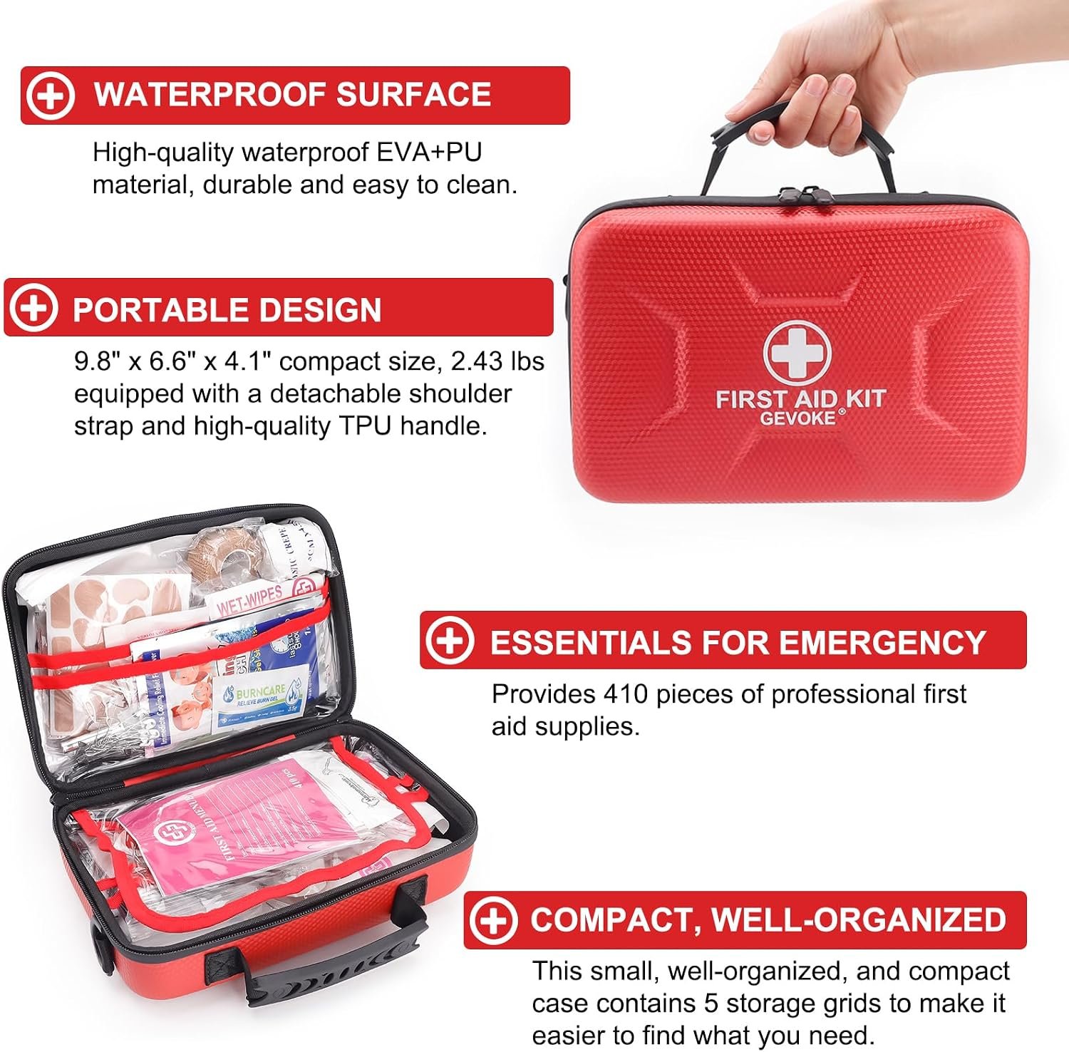 Gevoke 410 Piece Waterproof Hard Shell First Aid Kit, Red - Image 3