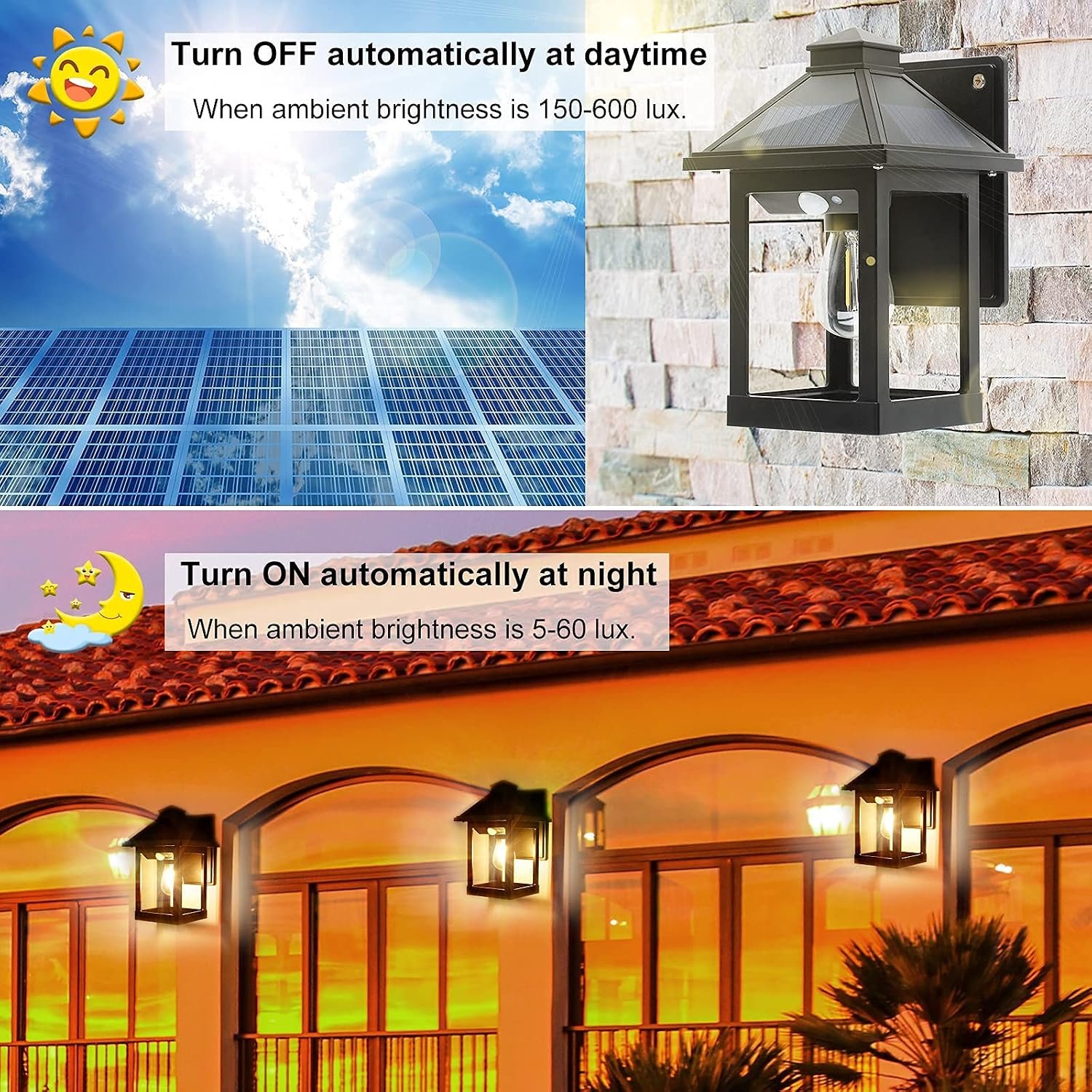 2 Pack Solar Wall Lanterns Outdoor with 3 Modes, Dusk to Dawn Motion Sensor - Image 2